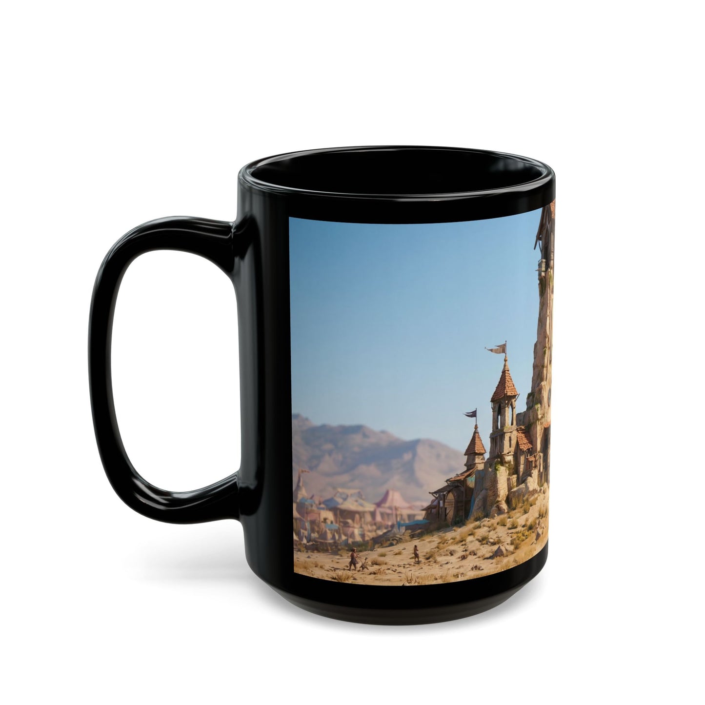 Desert Citadel Black Mug – Sunlit Ruins & Wanderer’s Path