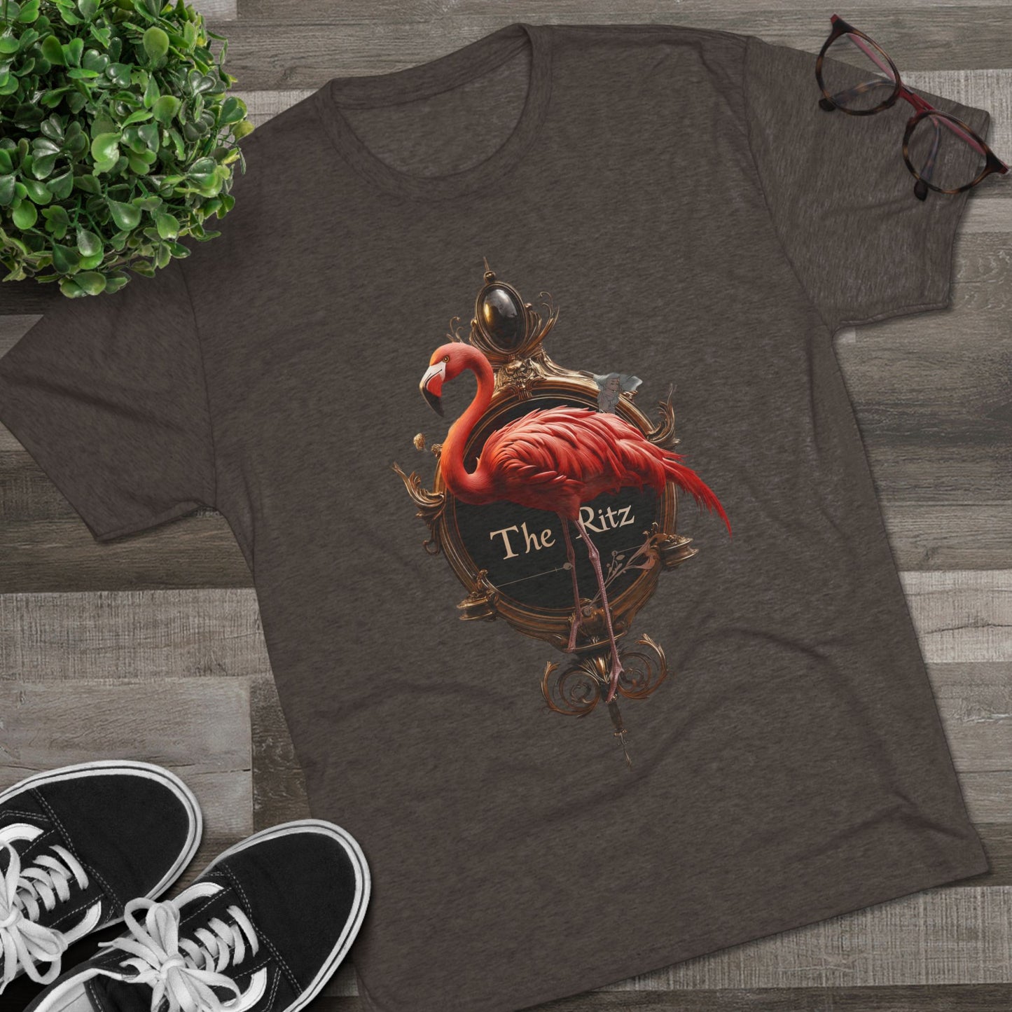 The Ritz Flamingo Sign Tri-Blend Crew Tee – Velvet Gold and Crimson Crest