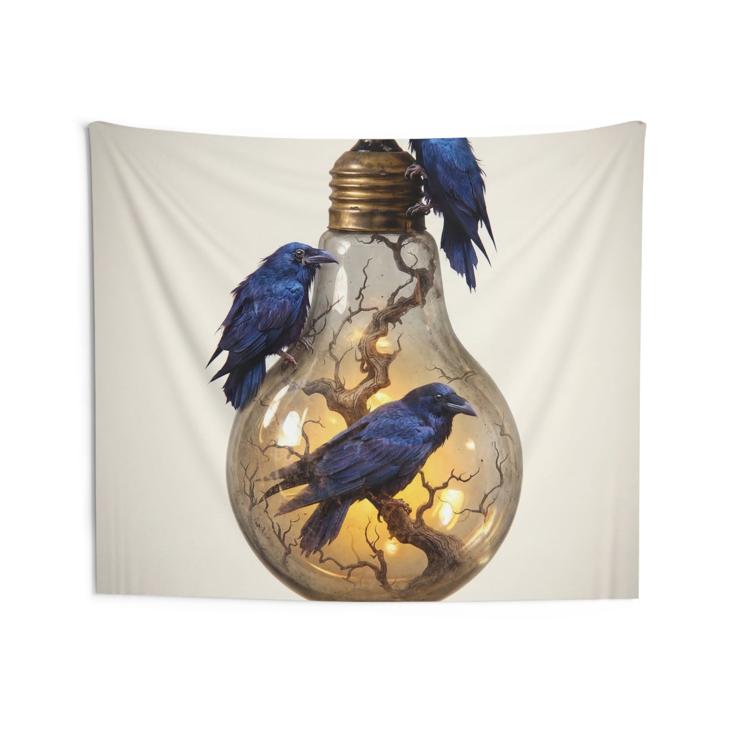 Ravens in the Glow Bulb Indoor Wall Tapestries – Midnight Wisdom Luminescence