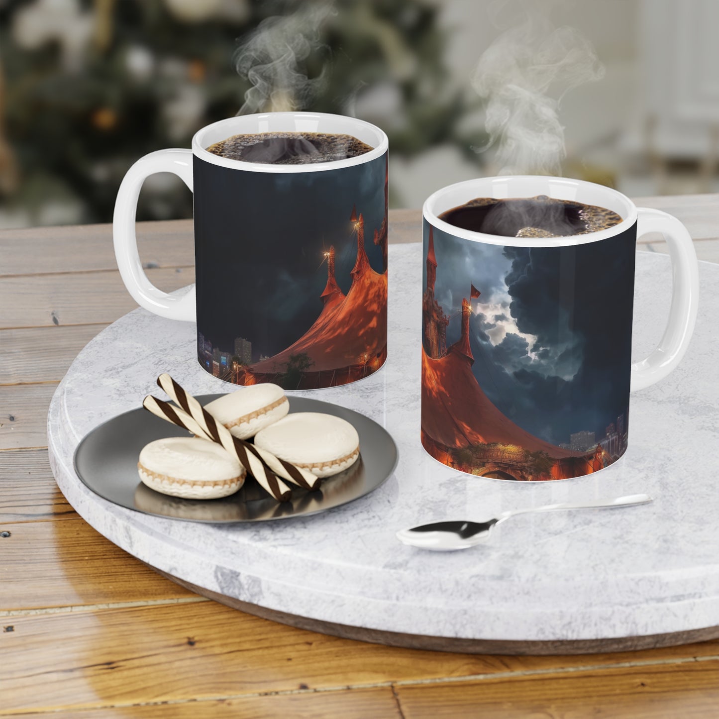Crimson Circus Tent Mugs – Neon Nightscape Under Stormy Skies