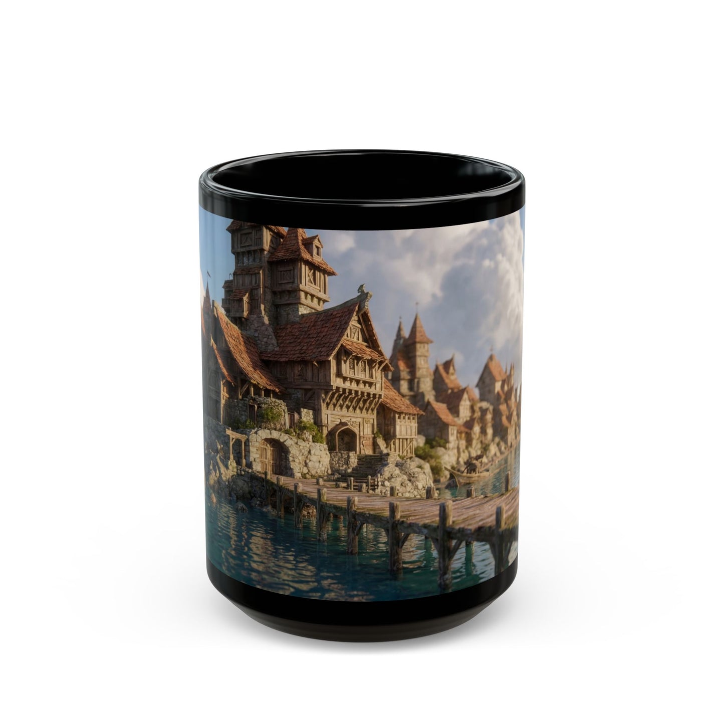 Harbor’s Whisper Black Mug – Sunset Coastline Village Dreamscape