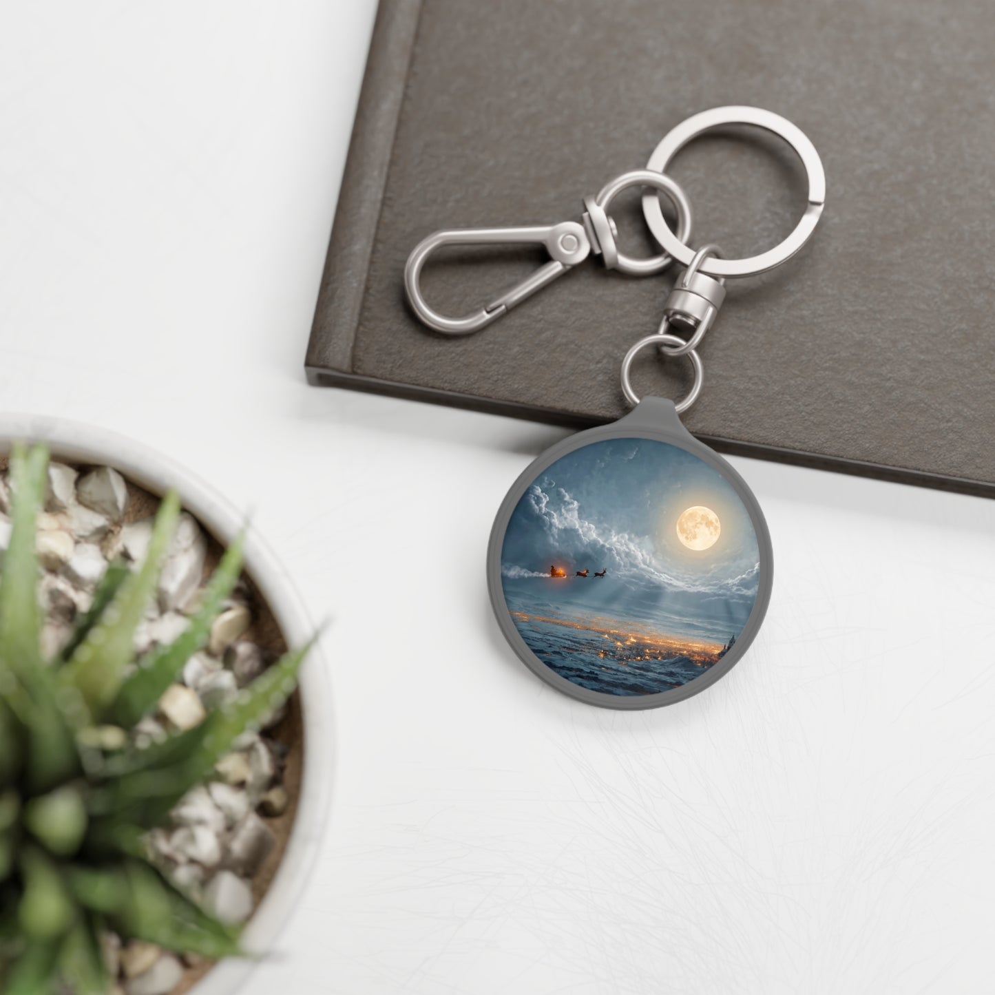 Midnight Sleigh Ride Keyring Tag – Lunar Glow Over Winter Town