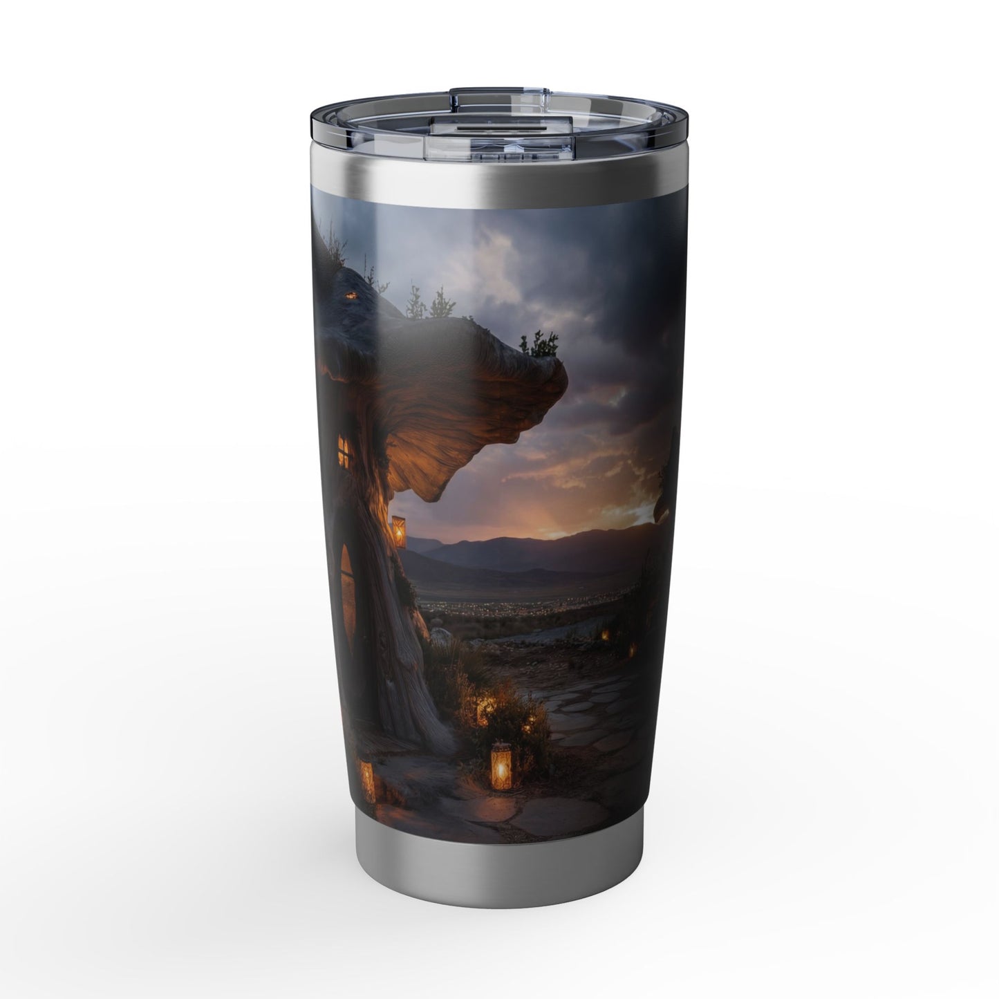 Twilight Mushroom Cottage Tumbler – Warm Light in a Wild Landscape