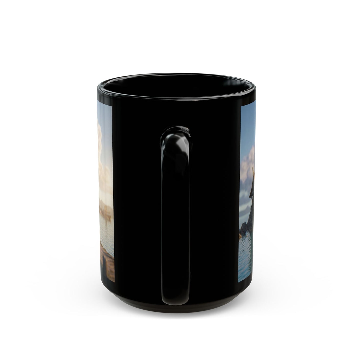 Harbor’s Whisper Black Mug – Sunset Coastline Village Dreamscape