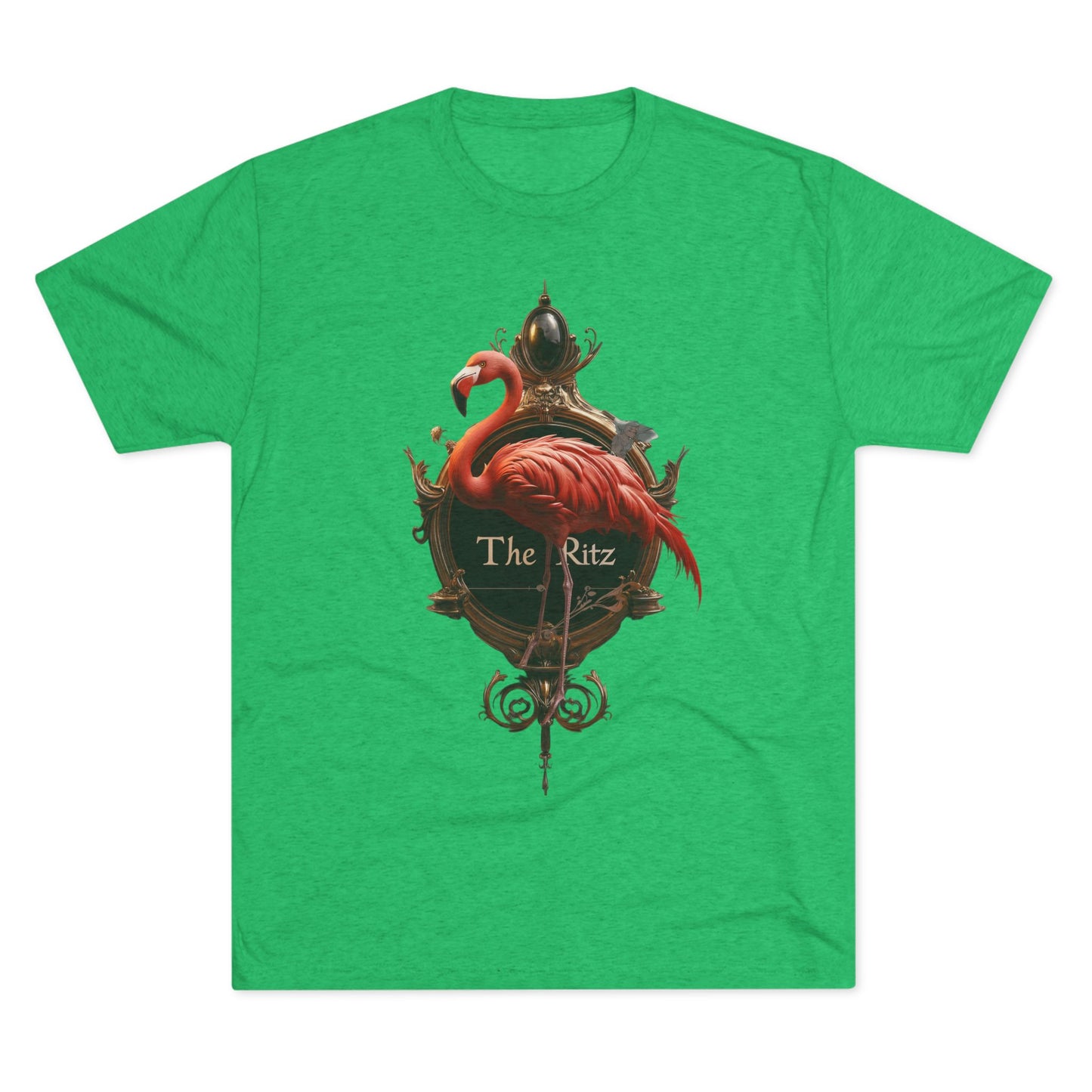 The Ritz Flamingo Sign Tri-Blend Crew Tee – Velvet Gold and Crimson Crest