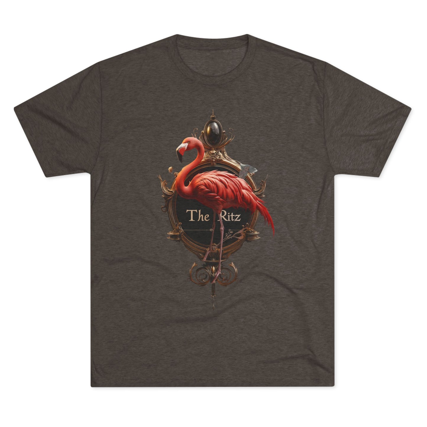 The Ritz Flamingo Sign Tri-Blend Crew Tee – Velvet Gold and Crimson Crest