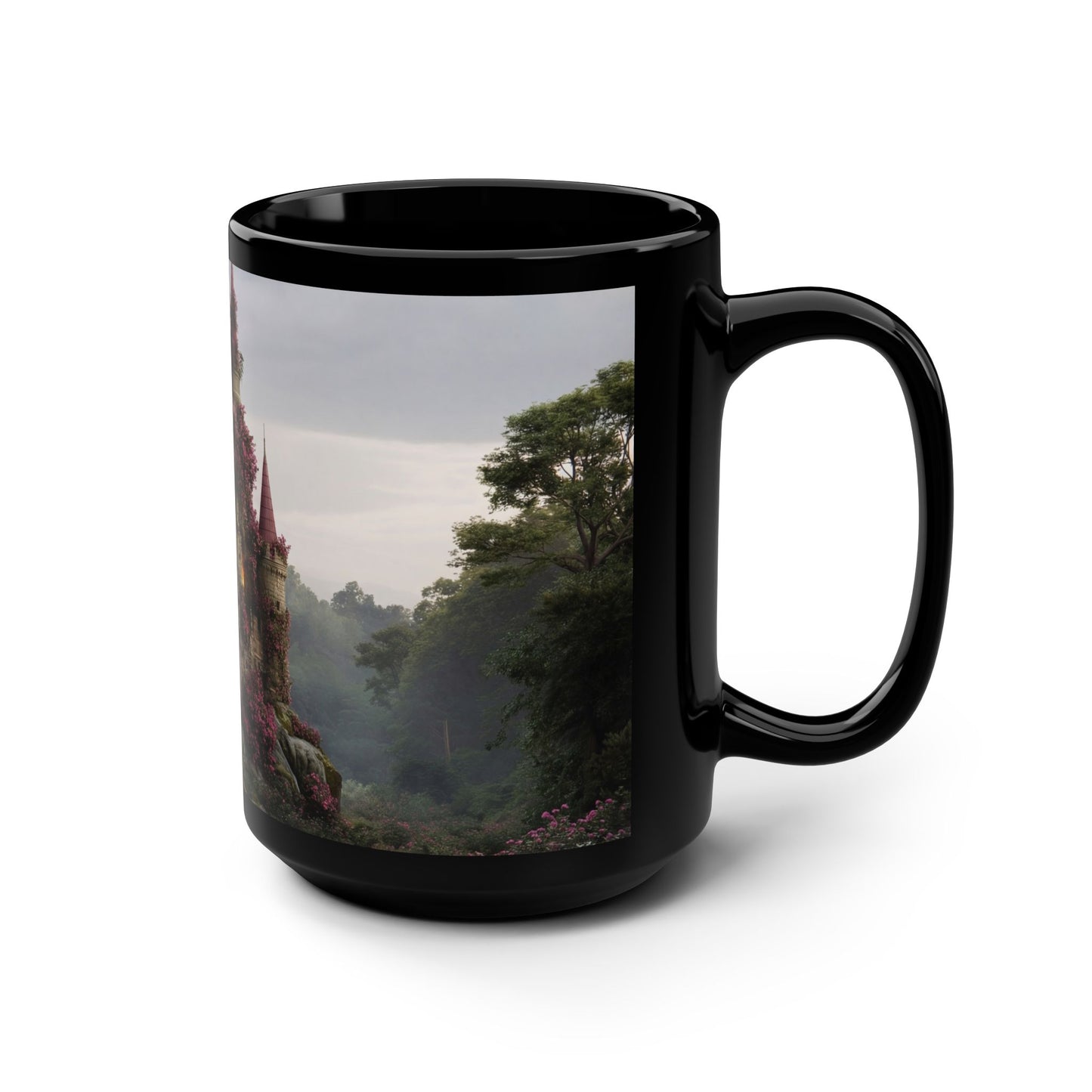 Rosestone Spire Black Mug, 15oz – Blushing Castle at Twilight