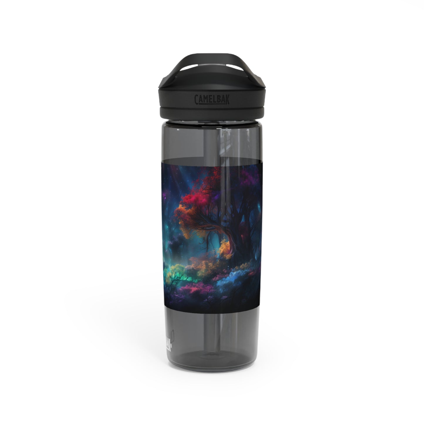 Panoramic digital art of an alien planet's mesmerizing bioluminescent forest, the towering trees adorned with glowing foliage in vivid shades of blue - CamelBak Eddy®  Water Bottle, 20oz\25oz