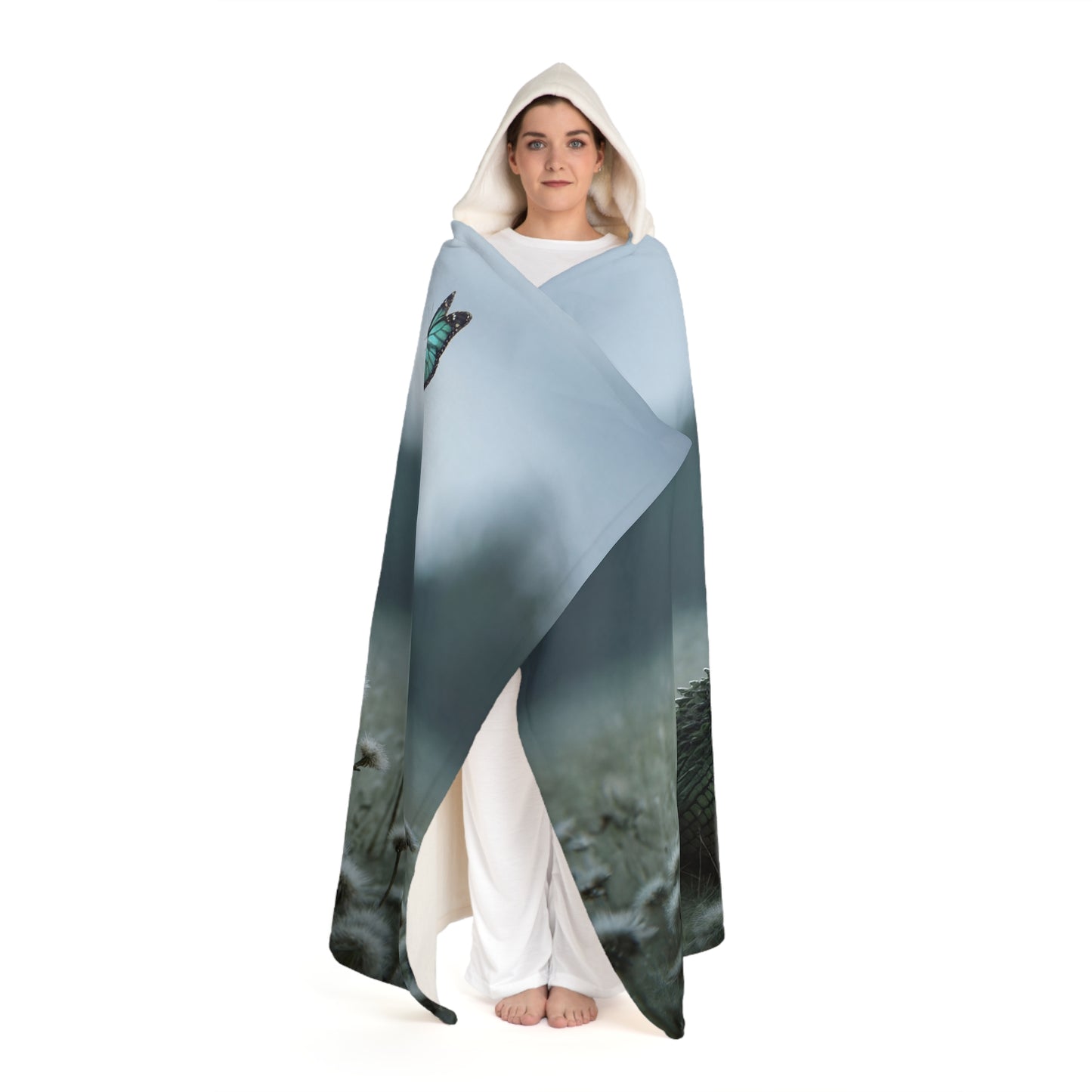 Tender Croc & Blue Butterfly Hooded Sherpa Fleece Blanket – Mossy Meadow Gaze