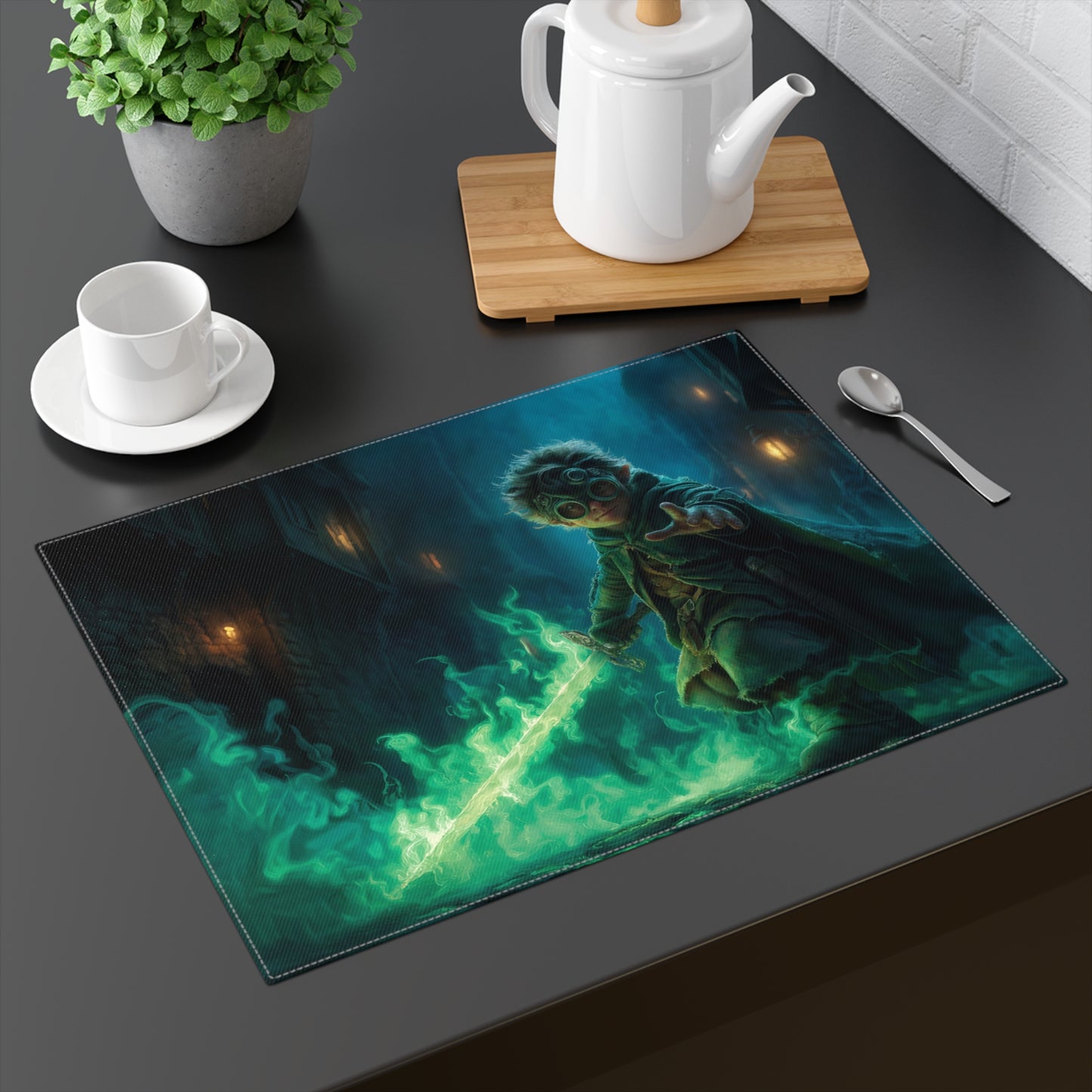 Goggles-Wielding Apprentice Placemat – Emerald Blade in Cobblestone Alley