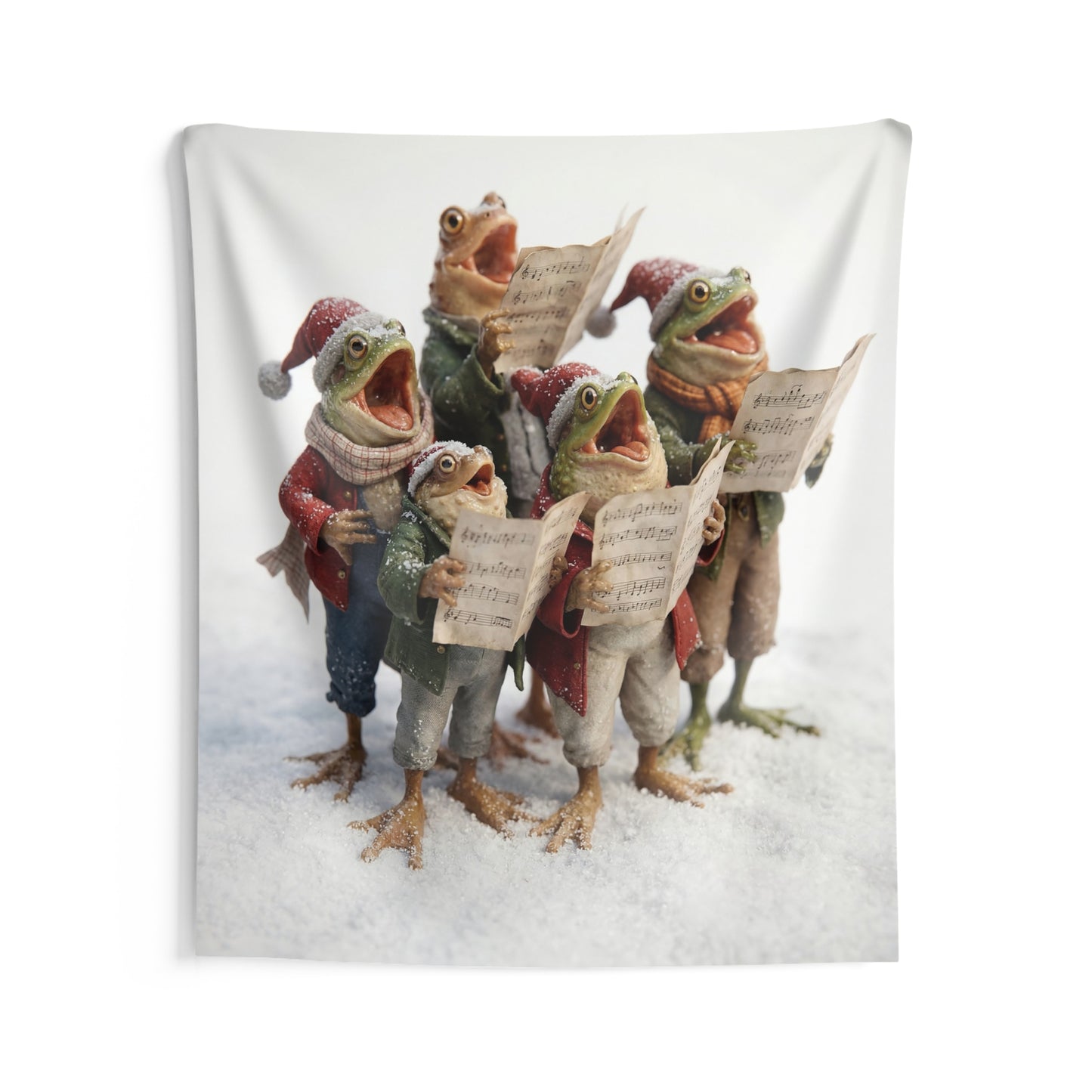 Frogs in Snow Choir Indoor Wall Tapestries – Winter Carolers in Festive Frost
