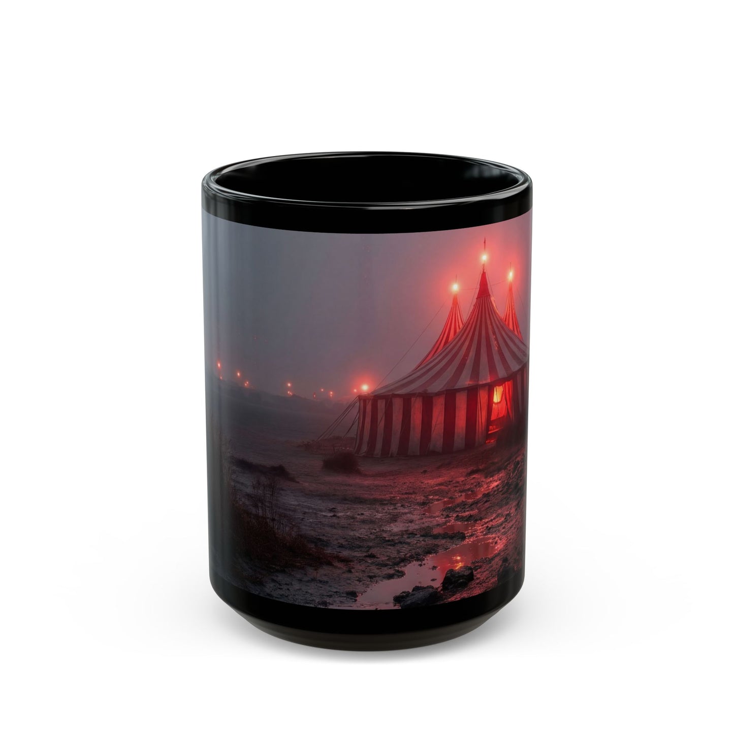 Crimson Carnival Tent Black Mug – Foggy Shoreside Spectacle