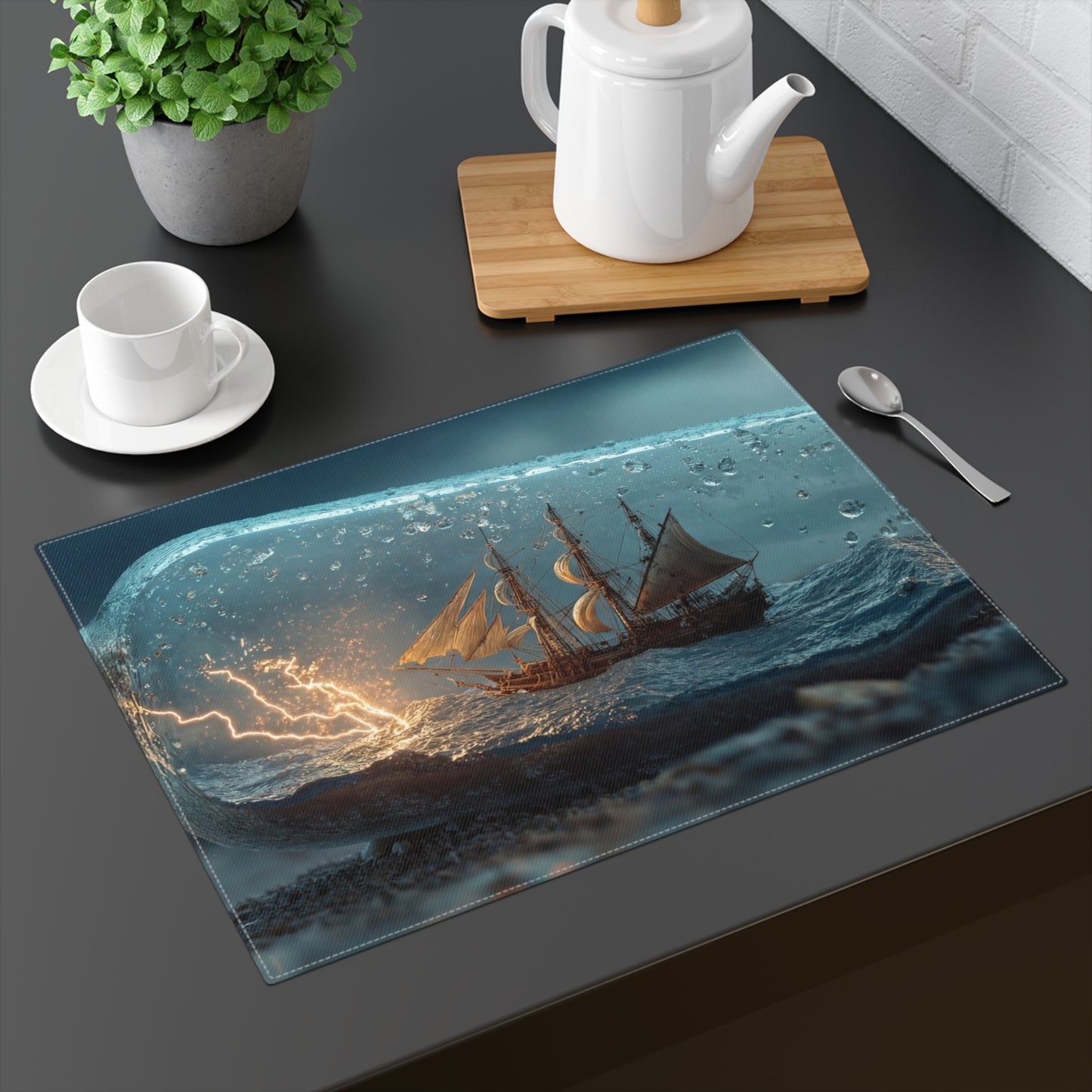 Storm-Ship in Bottle Placemat – Pocketed Seascape for Your Table