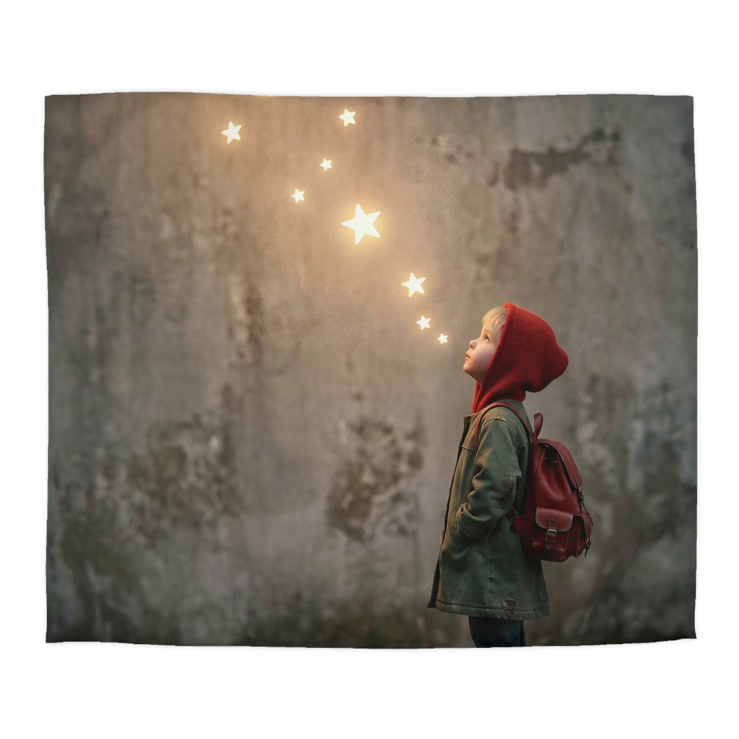 Star-Seeking Child Microfiber Duvet Cover – Warm Glow Against Weathered Stone