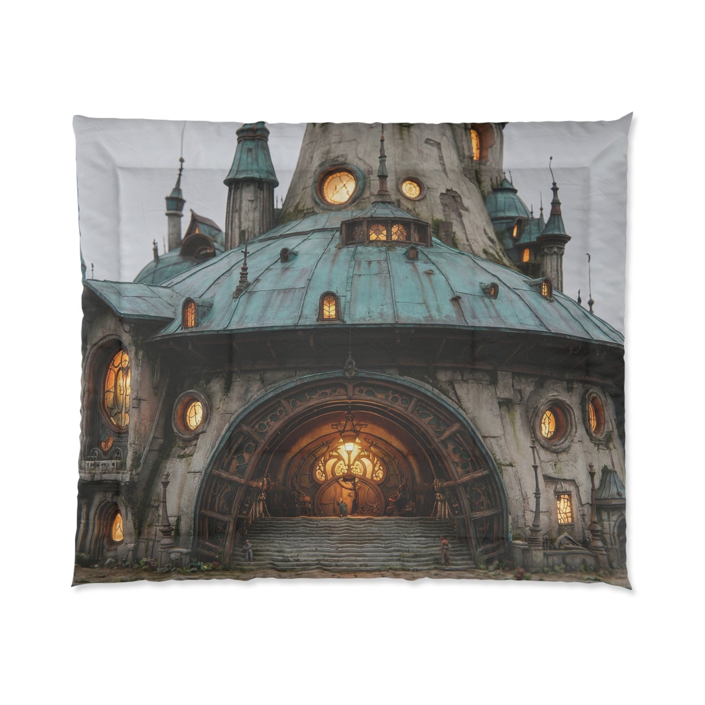 Whimsical Clocktower Comforter – Twilight Sanctuary Dreamscape