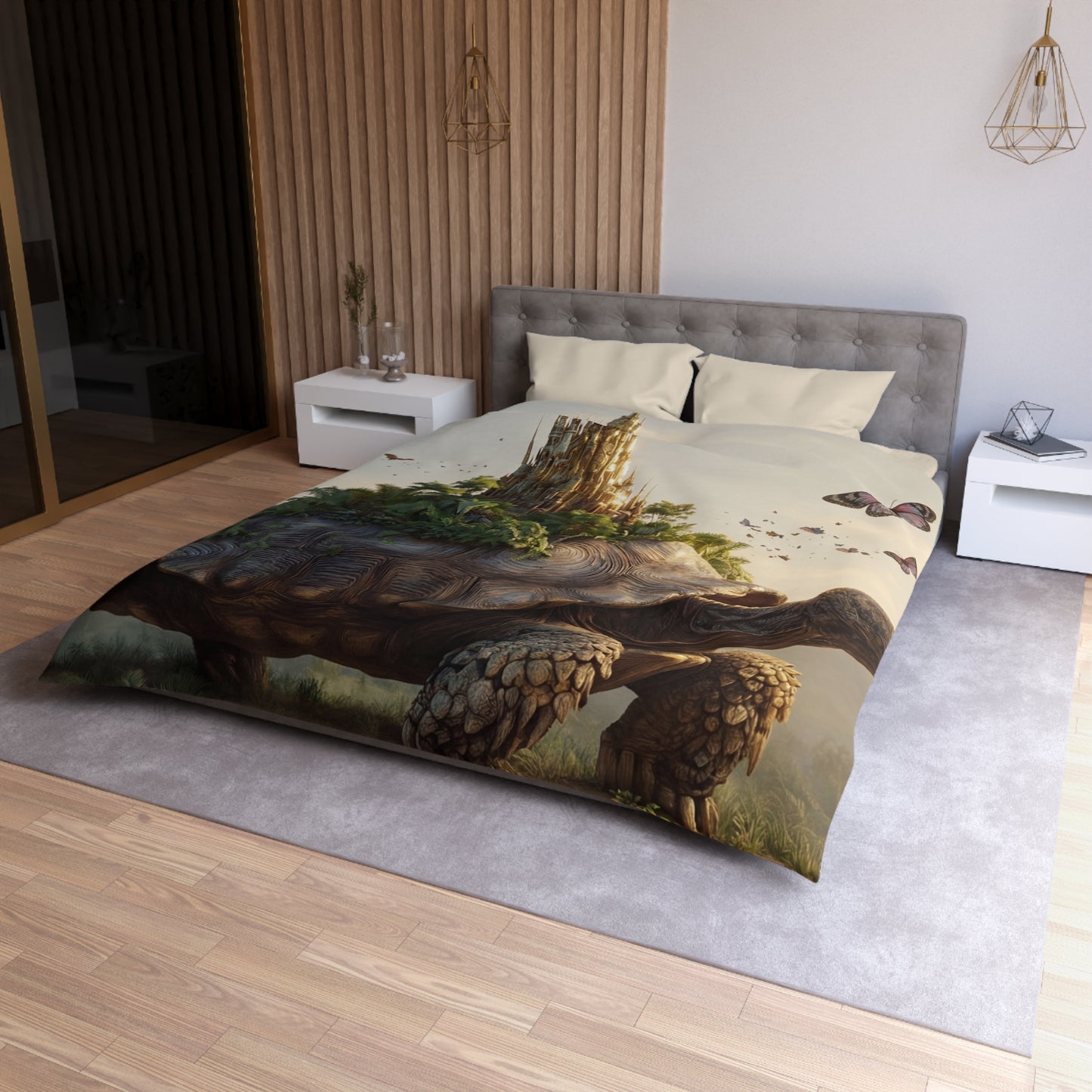 Ancient Turtle Citadel Microfiber Duvet Cover – Golden Castle on a Living Throne