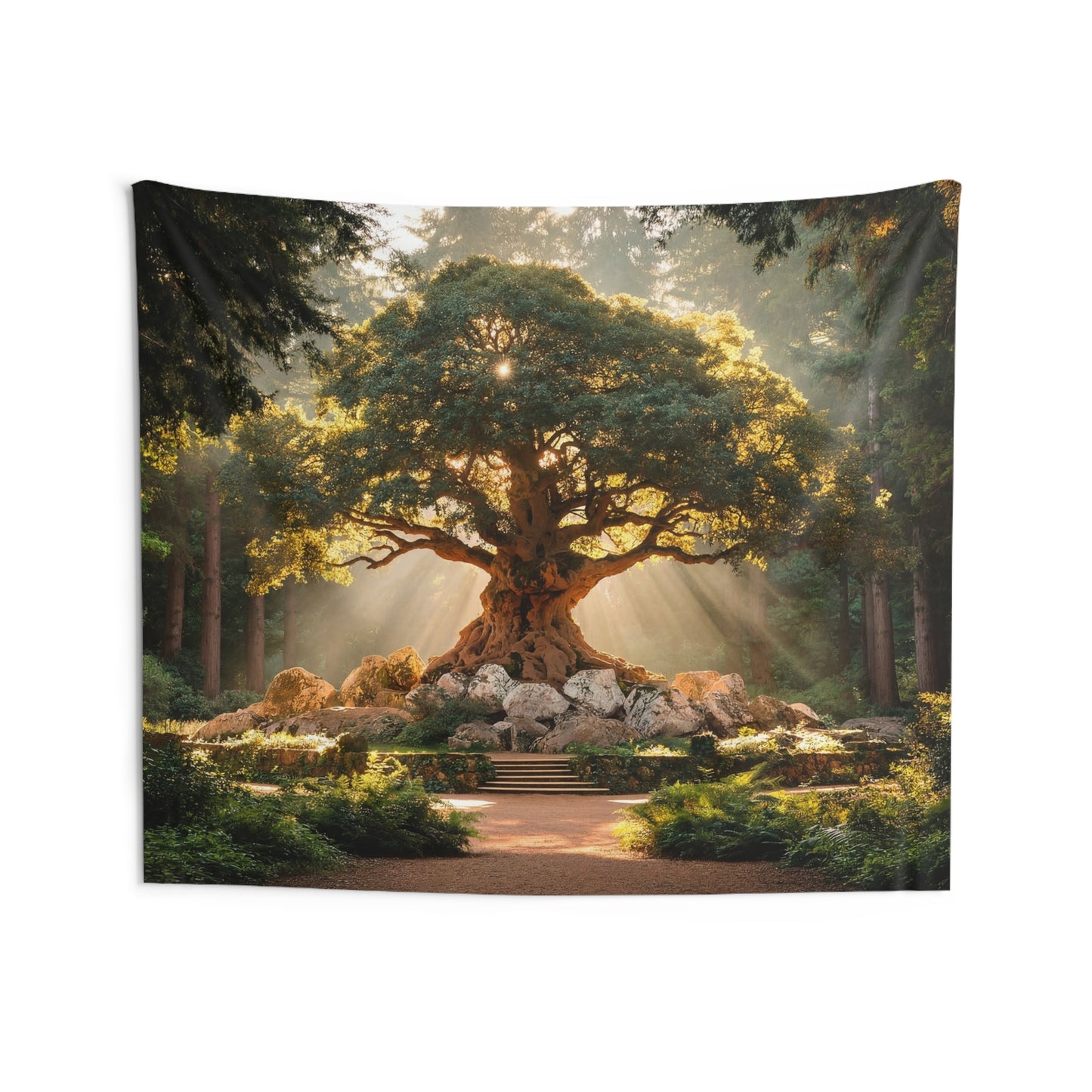 Ancient Wisdom Tree Indoor Wall Tapestries – Golden Light Through Mossy Roots