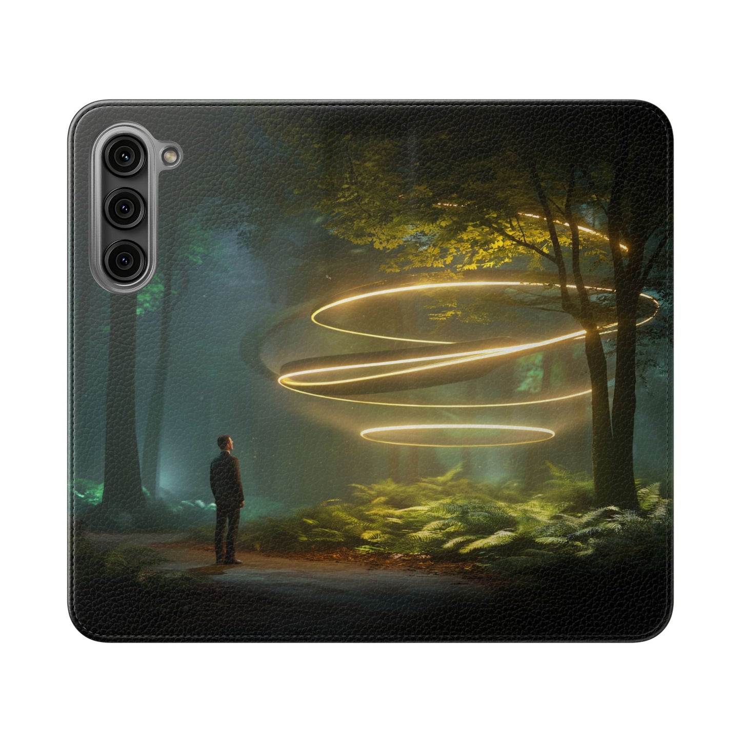 Luminous Spiral Forest Flip Cases – Golden Light Rings Mystery Scene