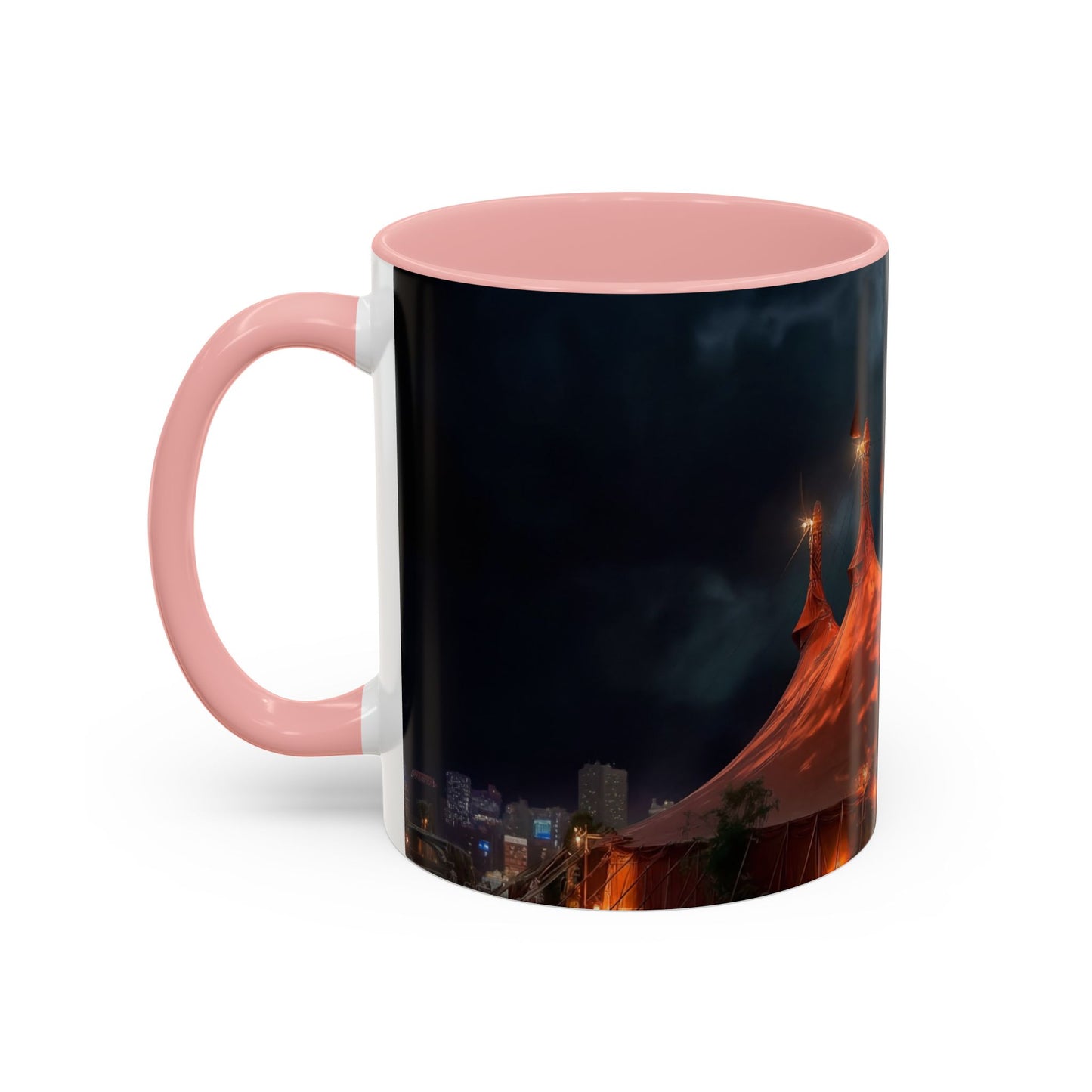 Crimson Circus Tent Accent Coffee Mug (11, 15oz) – Neon Nightscape Under Thunderclouds