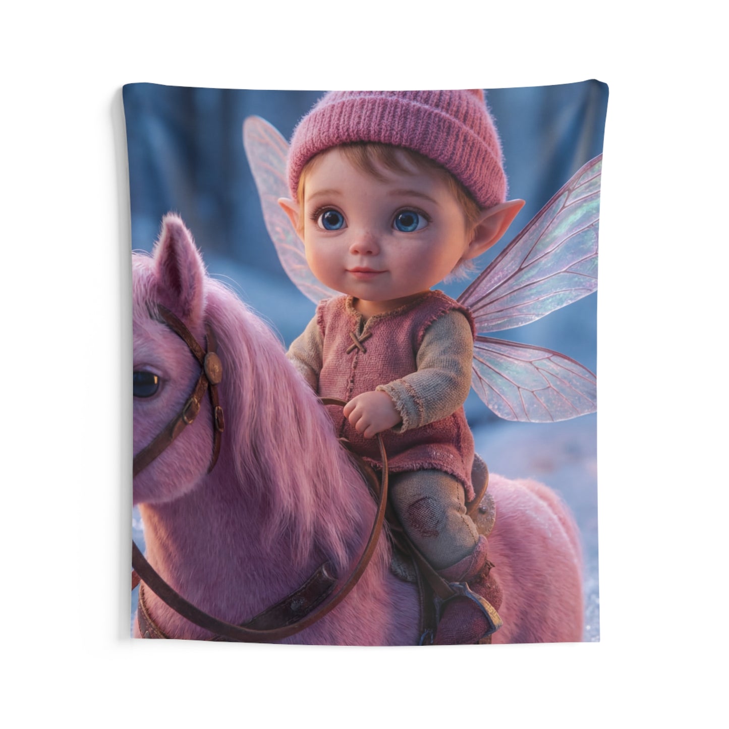 Fairy Child on Pink Unicorn Indoor Wall Tapestries – Winter Forest Whispers