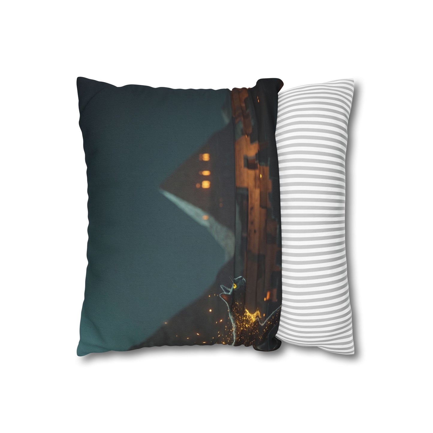 Starlit Cat by Pyramids Spun Polyester Square Pillowcase – Ancient Nightwalk Dreamscape