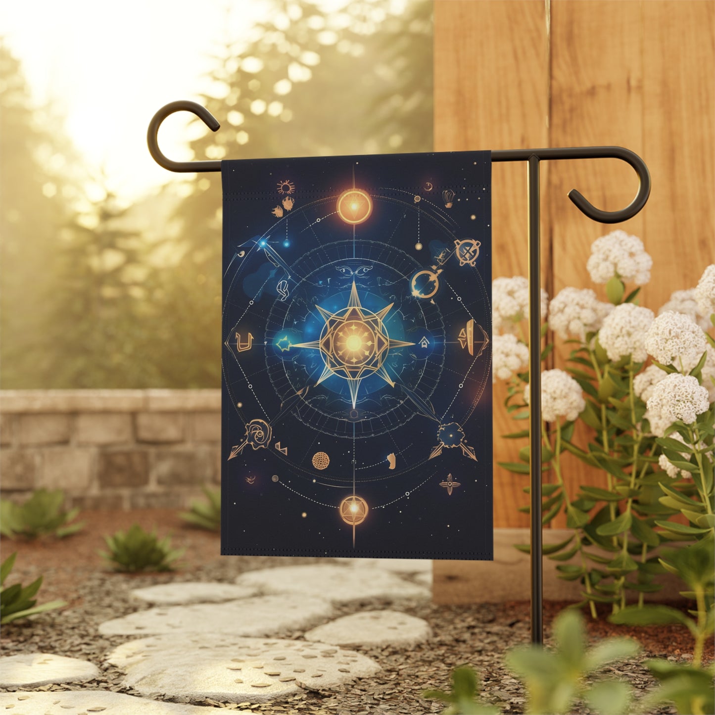 8K, high resolution detailed vector illustration poster, stars, celestial symbols, glowing accents - Garden & House Banner