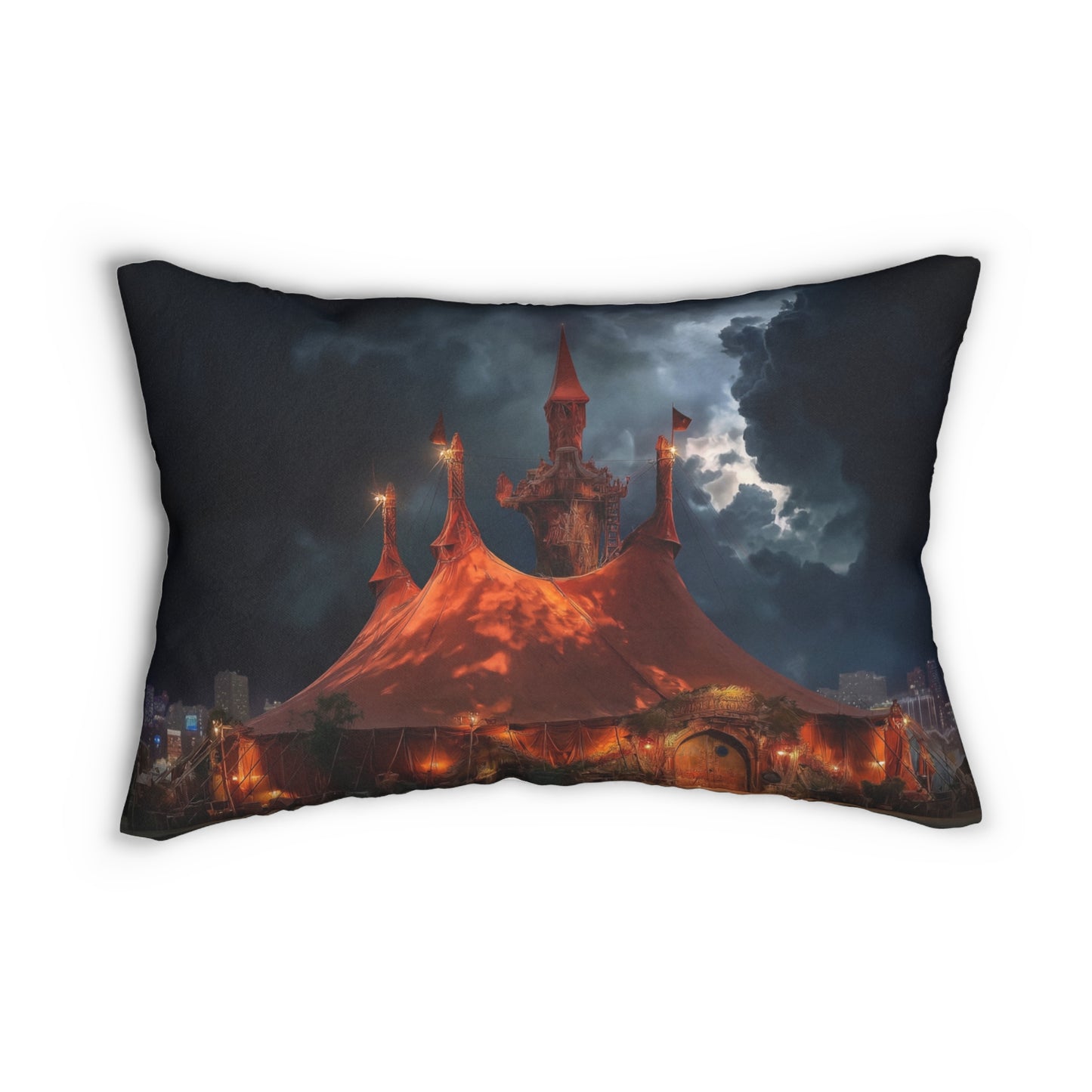 Crimson Circus Tent Lumbar Pillow – City Skyline Under Stormy Stars