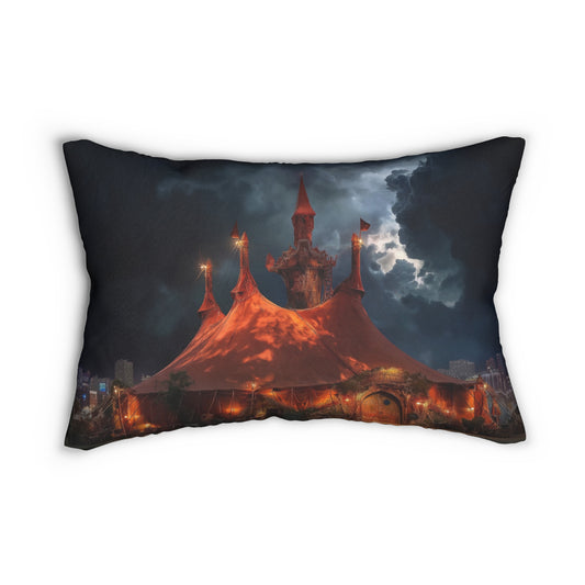 Crimson Circus Tent Lumbar Pillow – City Skyline Under Stormy Stars