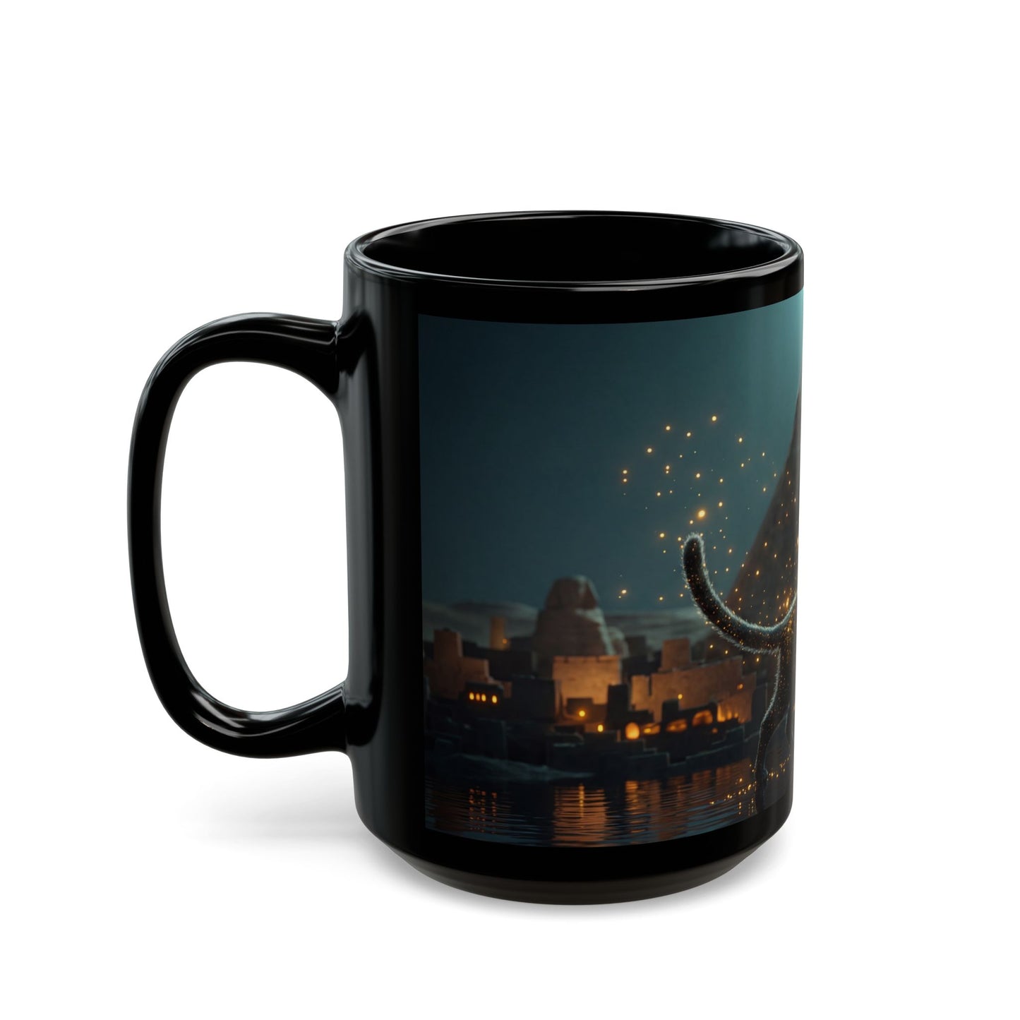 Celestial Cat Black Mug – Moonlit Pyramids Dreamscape