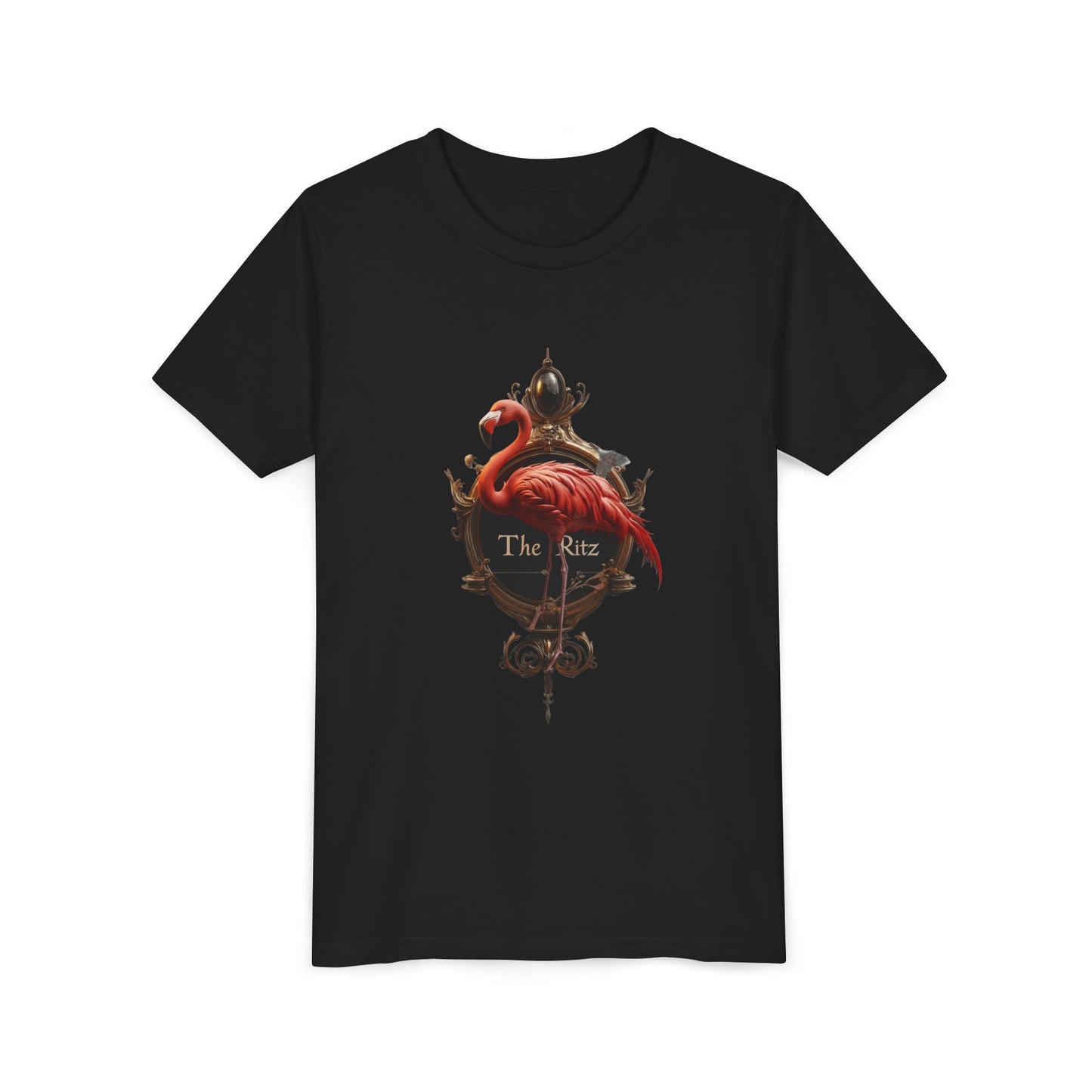 Ornate Frame Flamingo Youth Short Sleeve Tee – Gilded Ritz Garden Emblem