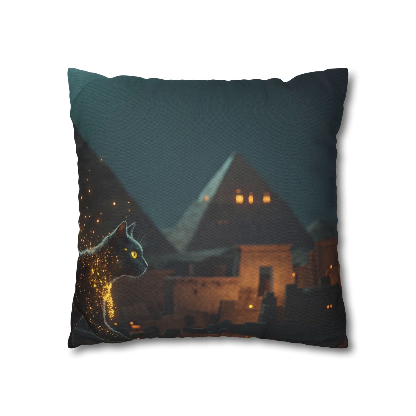 Starlit Cat by Pyramids Spun Polyester Square Pillowcase – Ancient Nightwalk Dreamscape