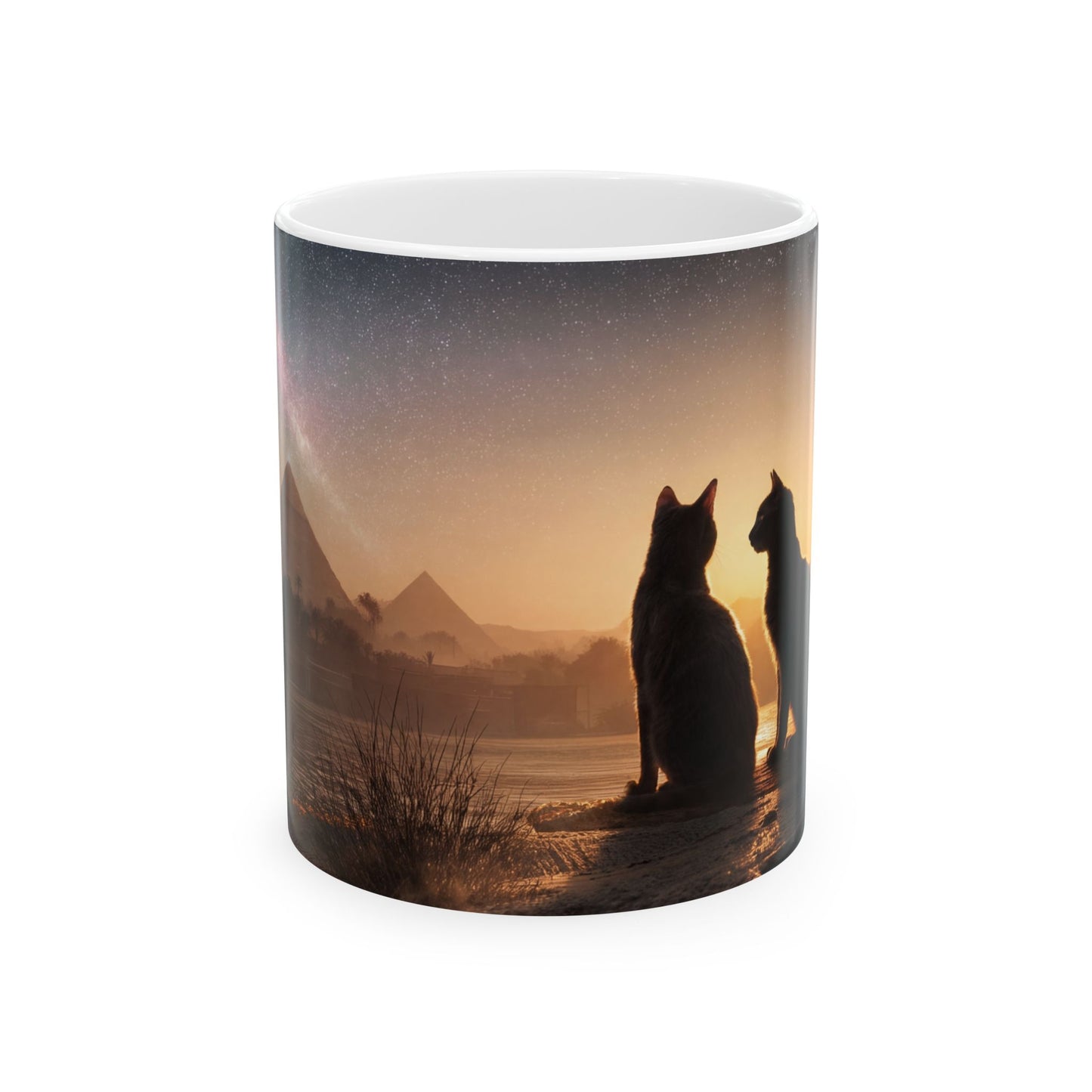 Starlit Pyramids Cat Mug – Ancient Nightwatchers Under Milky Way