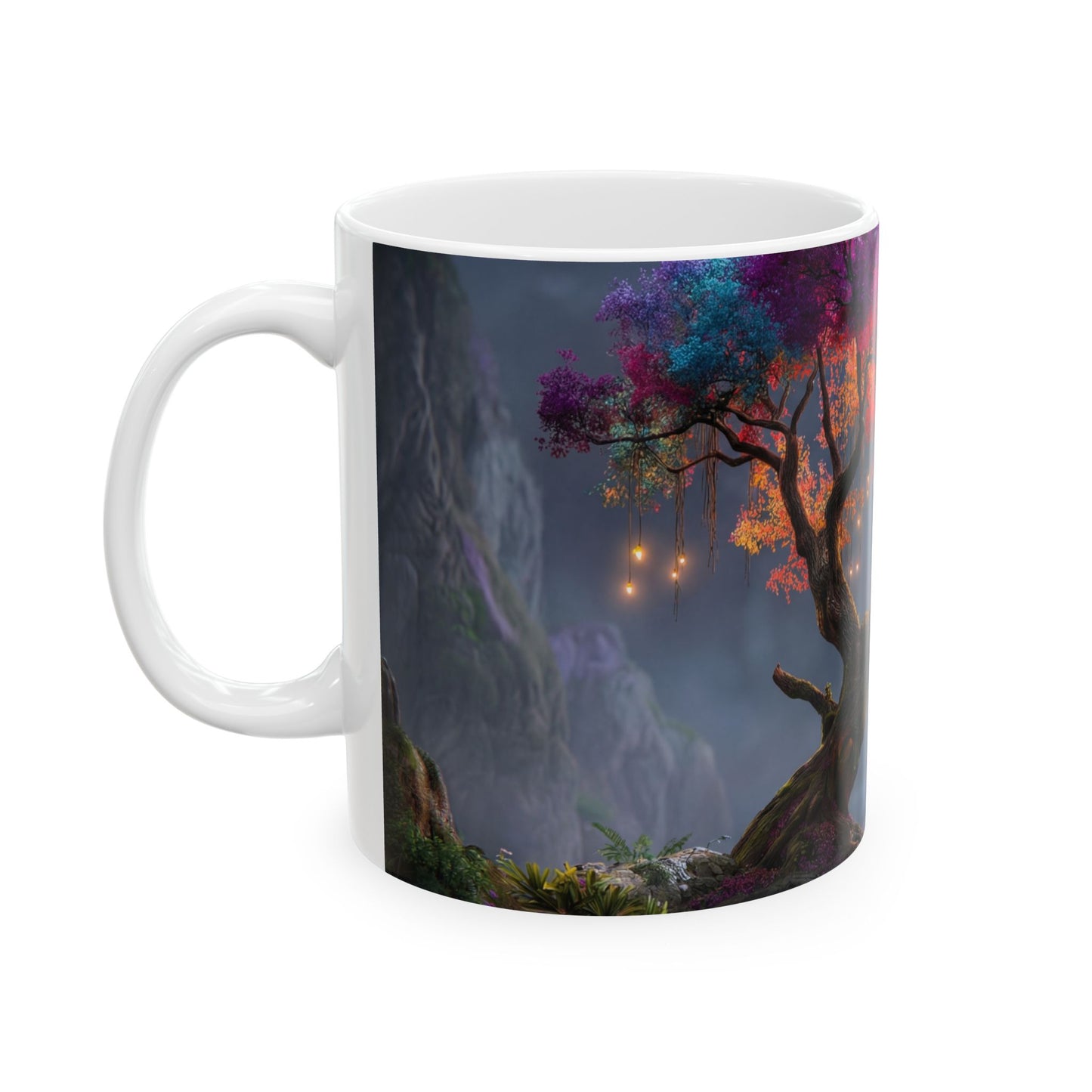 Chromatic Dream Tree Ceramic Mug – Moonlit Rainbow Canopy