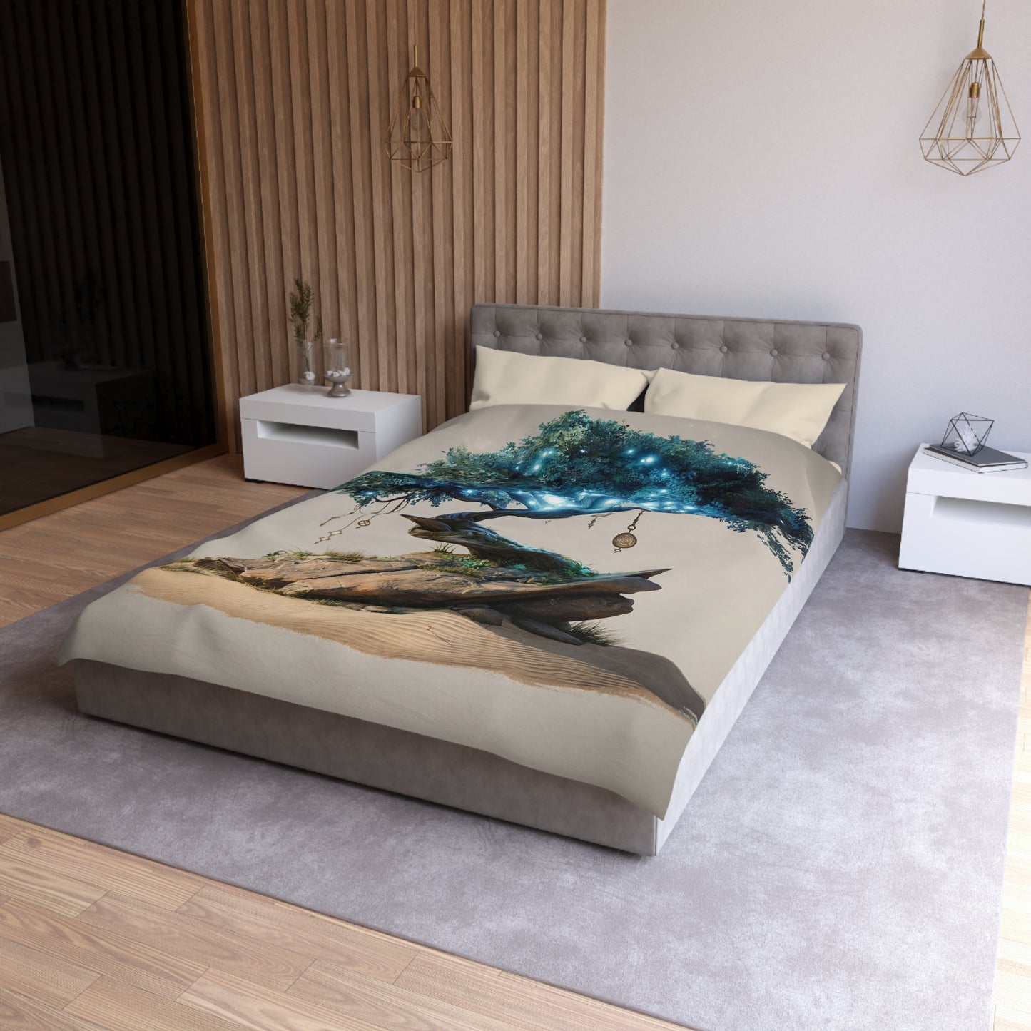 Luminescent Wisdom Tree Microfiber Duvet Cover – Desert Oasis with Glowing Canopy