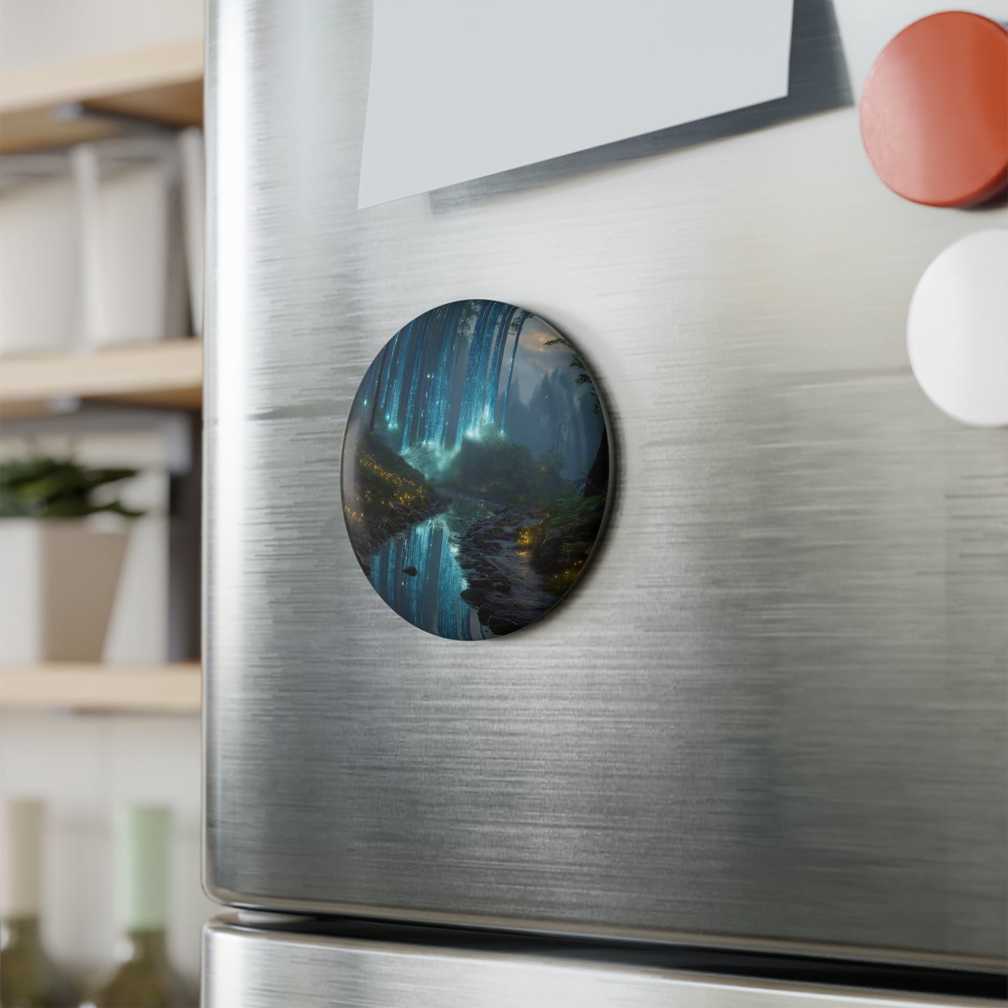 Celestial Forest Stream Button Magnet, Round (1 & 10 pcs) – Azure Lightfall Through Ancient Woods