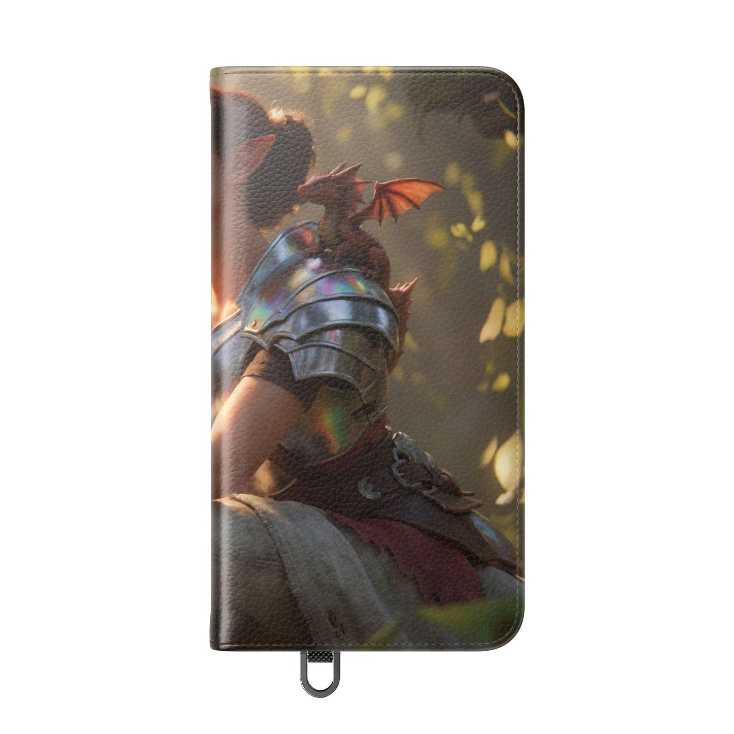 Elven Knight with Dragon Flip Cases – Iridescent Armor & Tiny Guardian Portrait