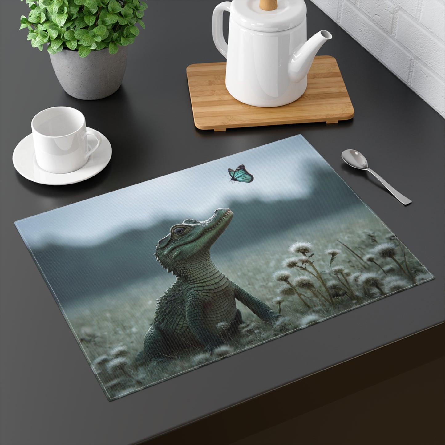 Curious Caiman Placemat – Azure Butterfly Whispers Through Dandelions