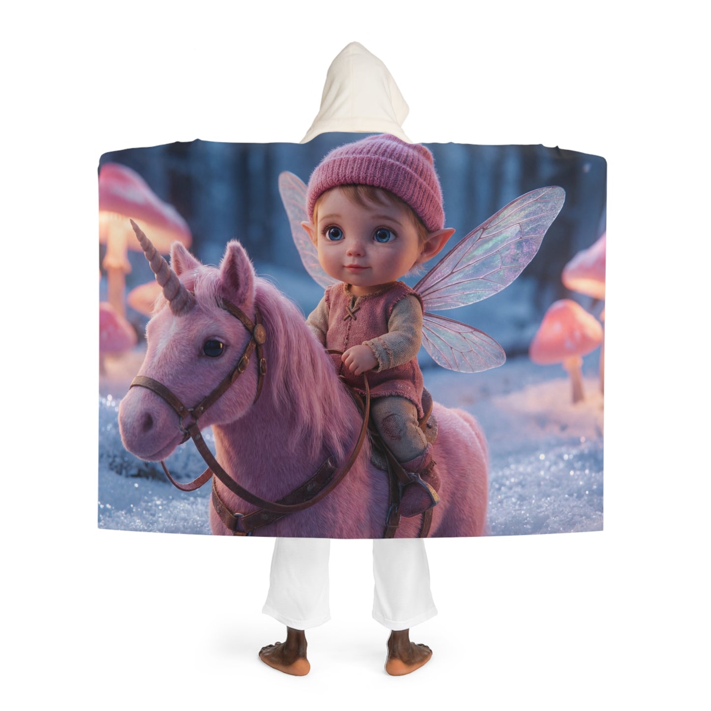 Pink Unicorn Fairy Hooded Sherpa Fleece Blanket – Snowy Mushroom Forest Adventure