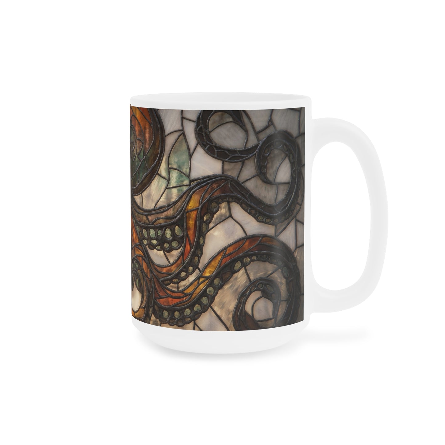 Art Nouveau Octopus Stained Glass Mug – Warm Amber Whirls on Deep Frame