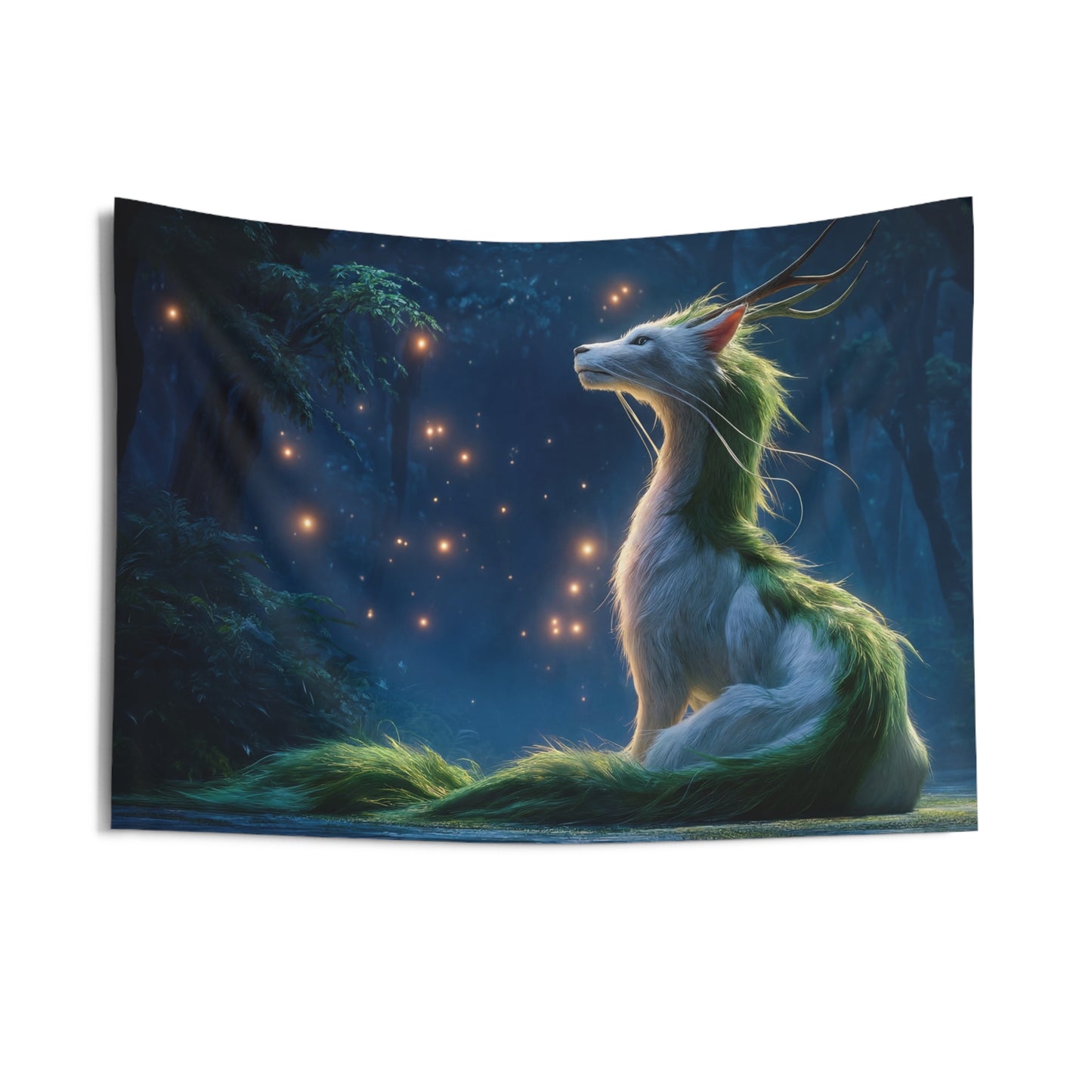 Luminescent Forest Spirit Indoor Wall Tapestries – Moonlit Fox with Green Mane