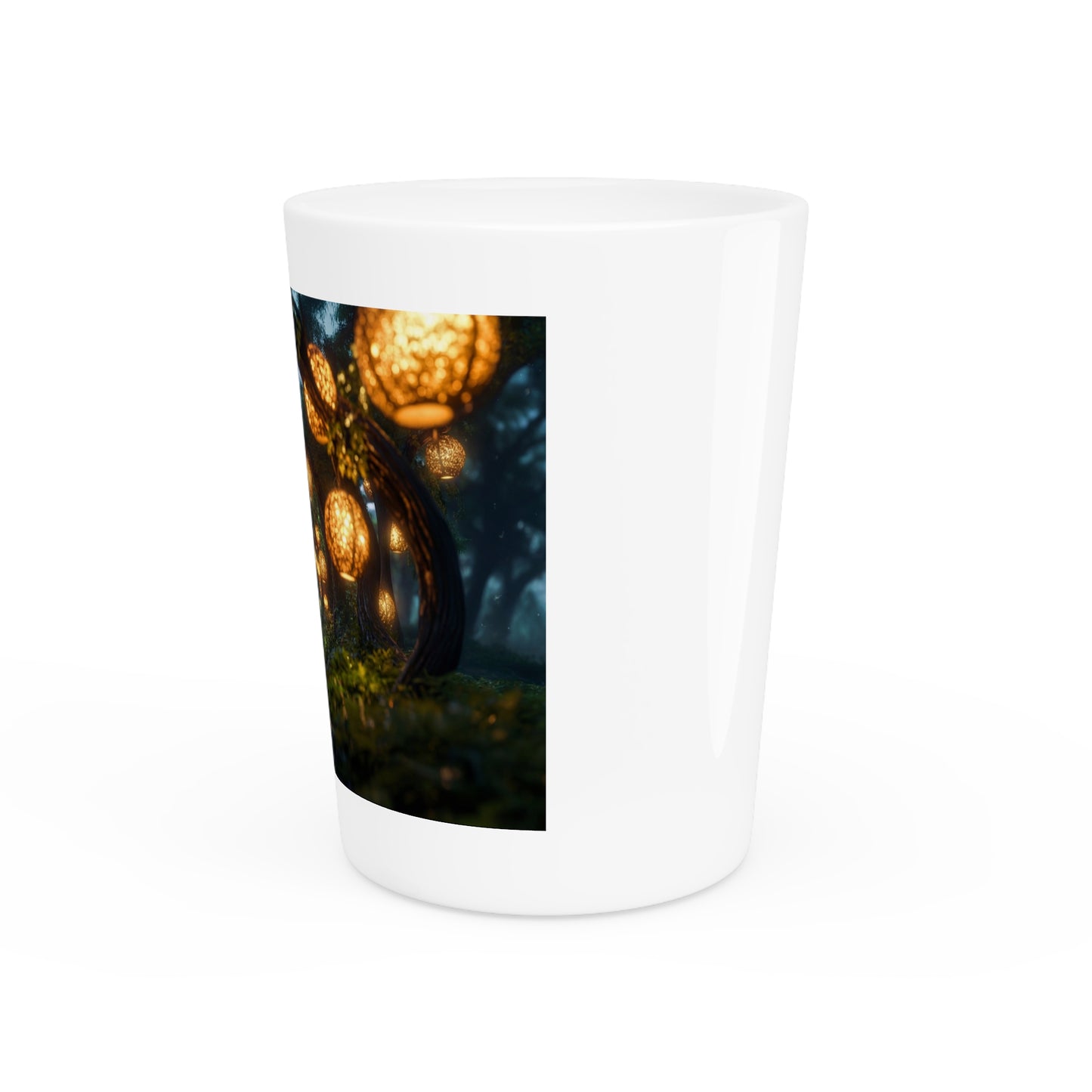 Luminous Forest Path Shot Glass – Warm Lanterns Through Ancient Trees