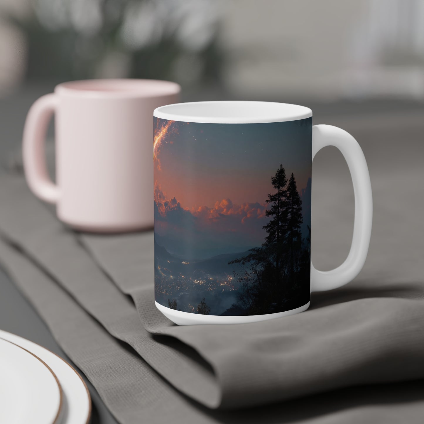 Celestial Fireball Ceramic Mugs (11oz\15oz\20oz) – Skyfall Over Mountain Twilight