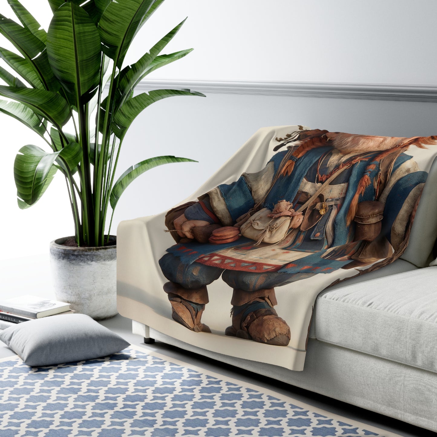 Hermit Sage Sherpa Fleece Blanket – Mossy Cap & Mushroom Staff