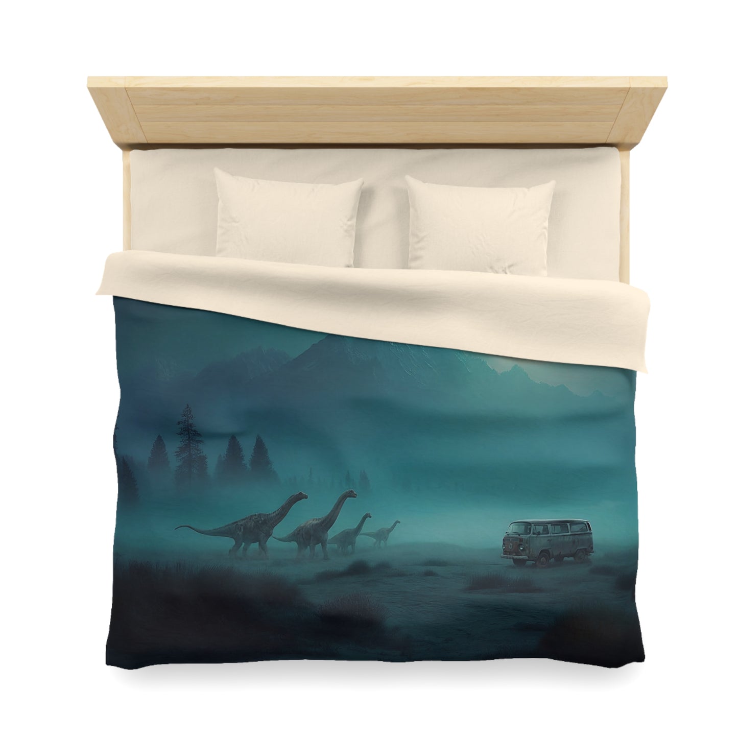 Moonlit Dinosaur Migration Microfiber Duvet Cover – Vintage Van & Misty Peaks