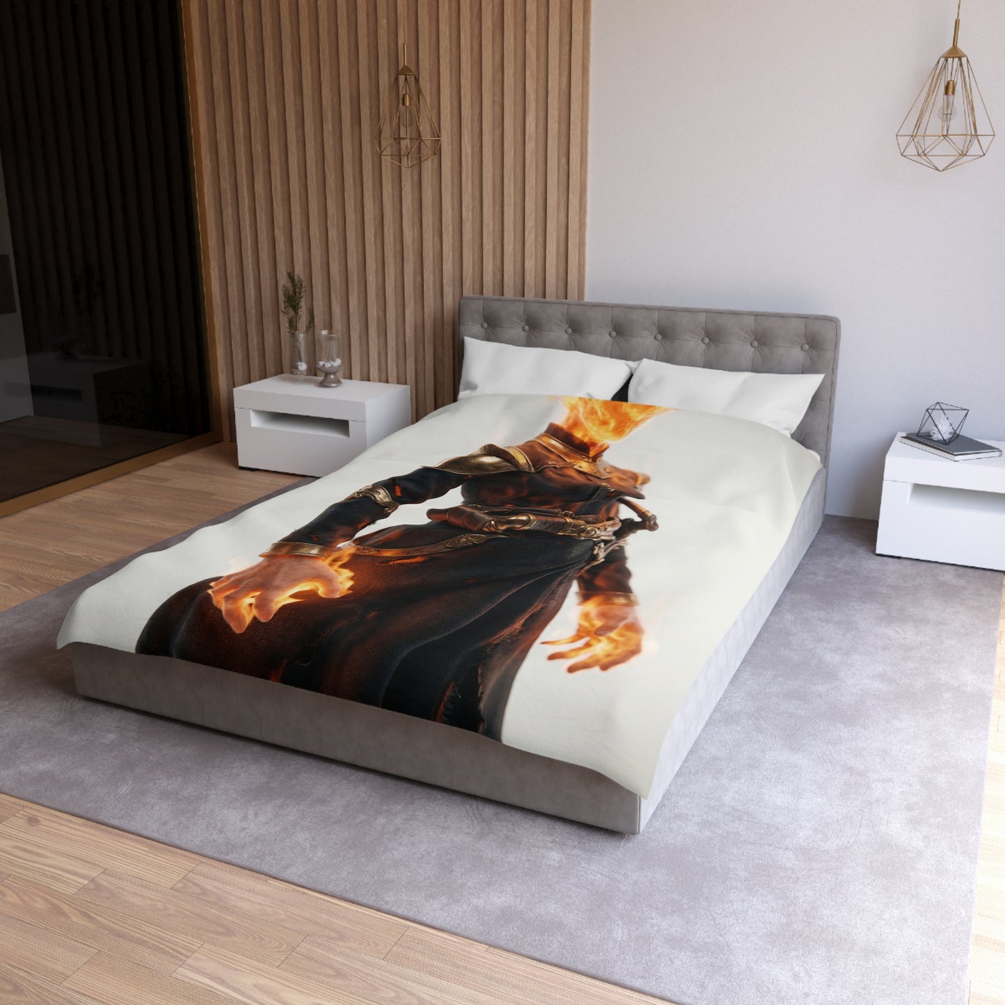 Flame-Wreathed Sentinel Microfiber Duvet Cover – Ashes and Ember Reverie