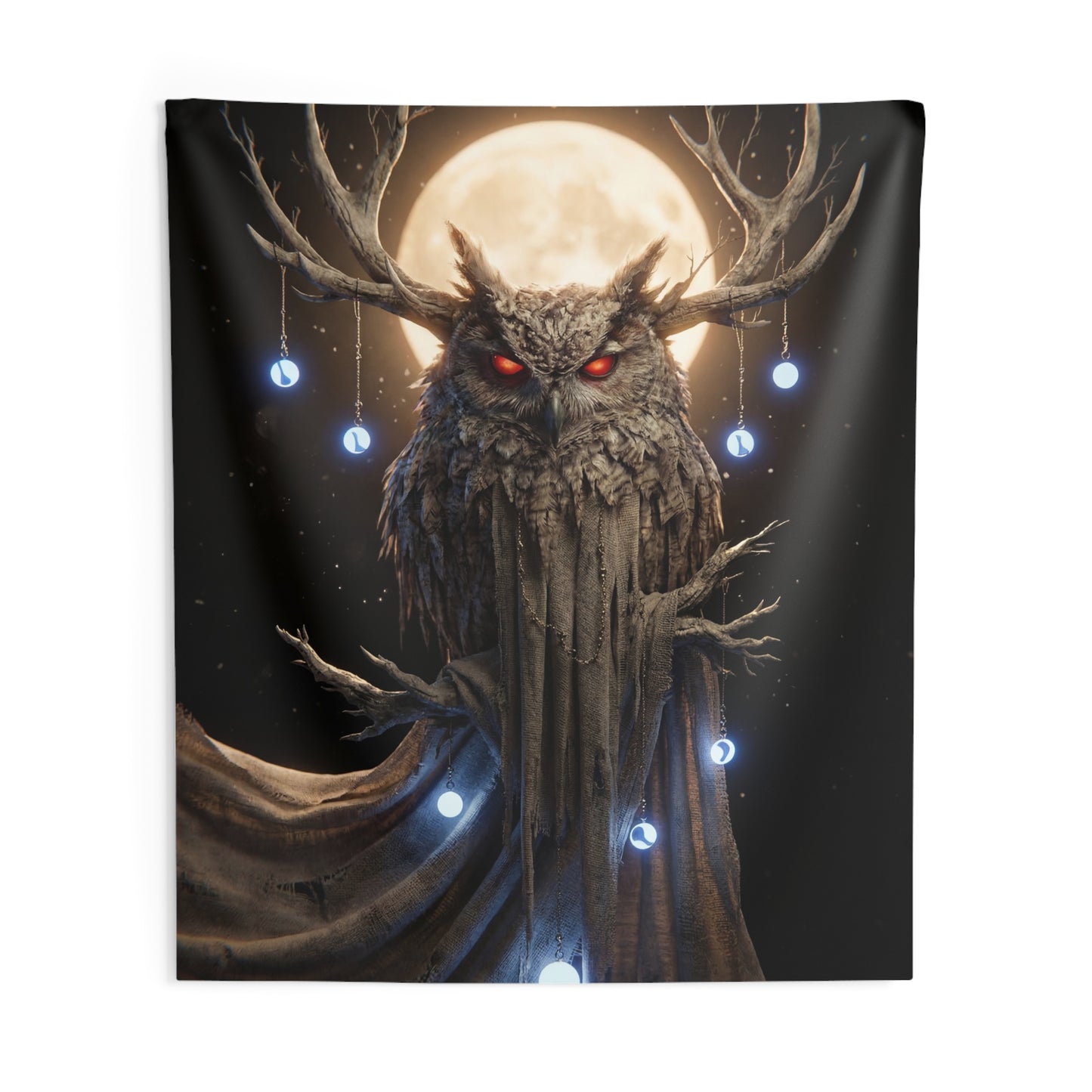 Moonlit Owl Sentinel Indoor Wall Tapestries – Crimson-Eyed Watcher Beneath the Full Moon