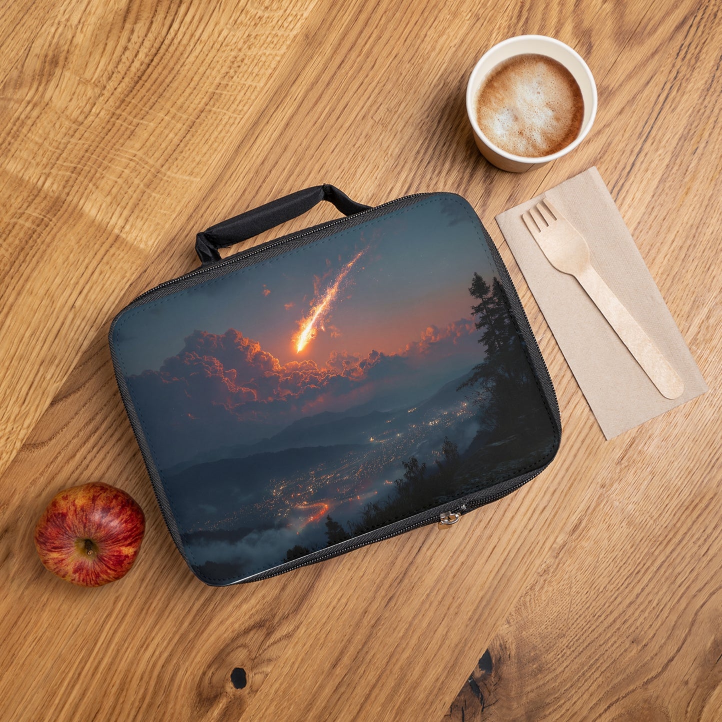 Celestial Fireball Lunch Bag – Twilight Meteors Over Mountain Town