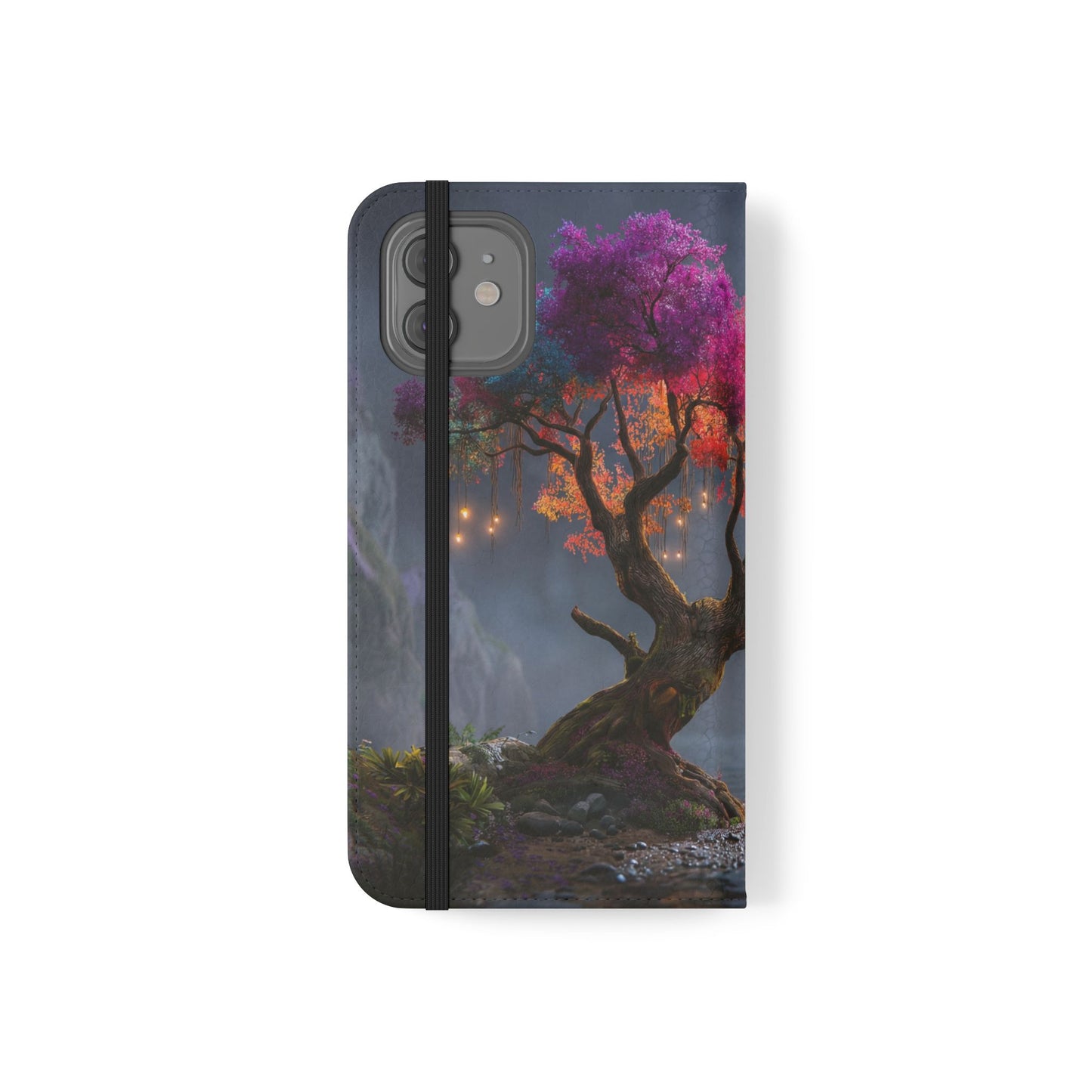 Chromatic Canopy Flip Cases – Rainbow Tree Moonlit Waterfall Scene