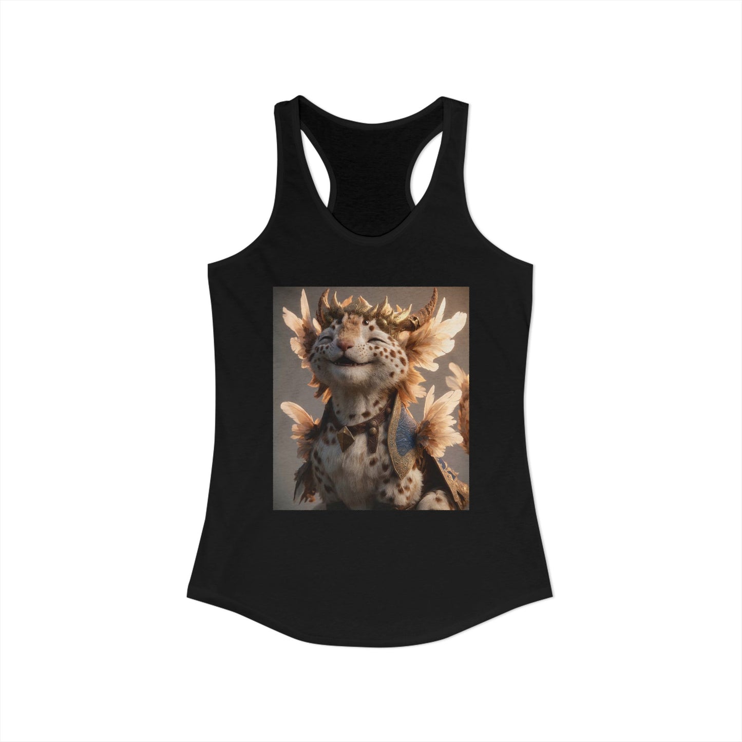 Royal Feline Sentinel Women's Ideal Racerback Tank – Gilded Crown and Feathered Guardian