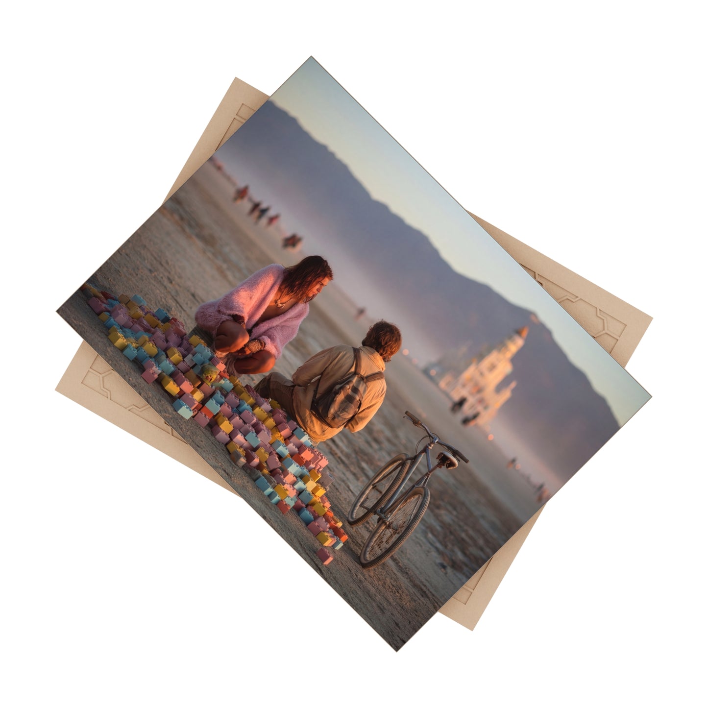 Desert Dreamers Ceramic Photo Tile – Sunset Playtime with a Castle in the Dunes
